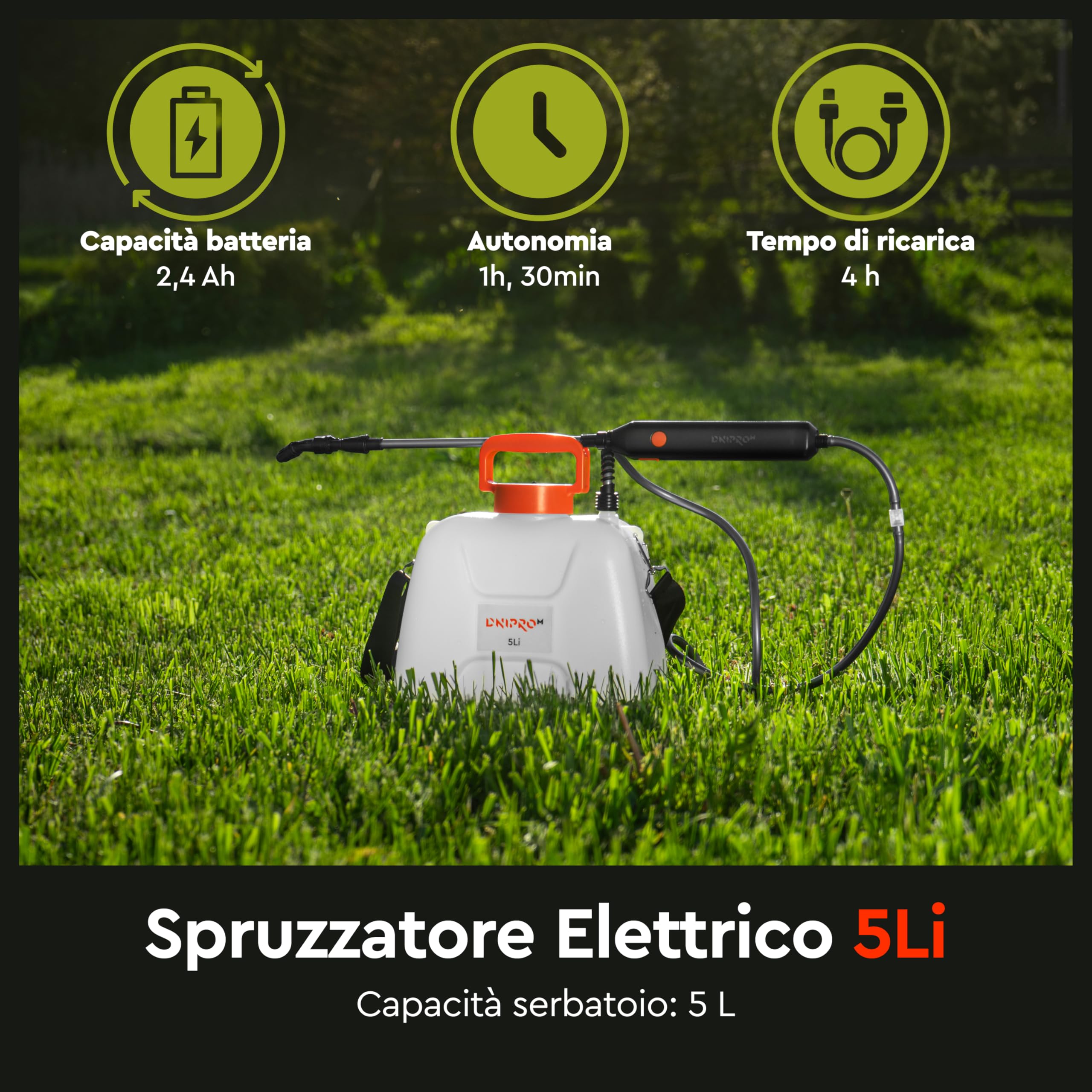 Spruzzatore a Batteria 5L - Pompa Irroratrice a Batteria Ioni di Litio 2,4Ah, USB-C, Lancia Telescopica, 4 Ugelli e Tracolla - Nebulizzatore Giardino per Piante e Giardinaggio di Dnipro-M