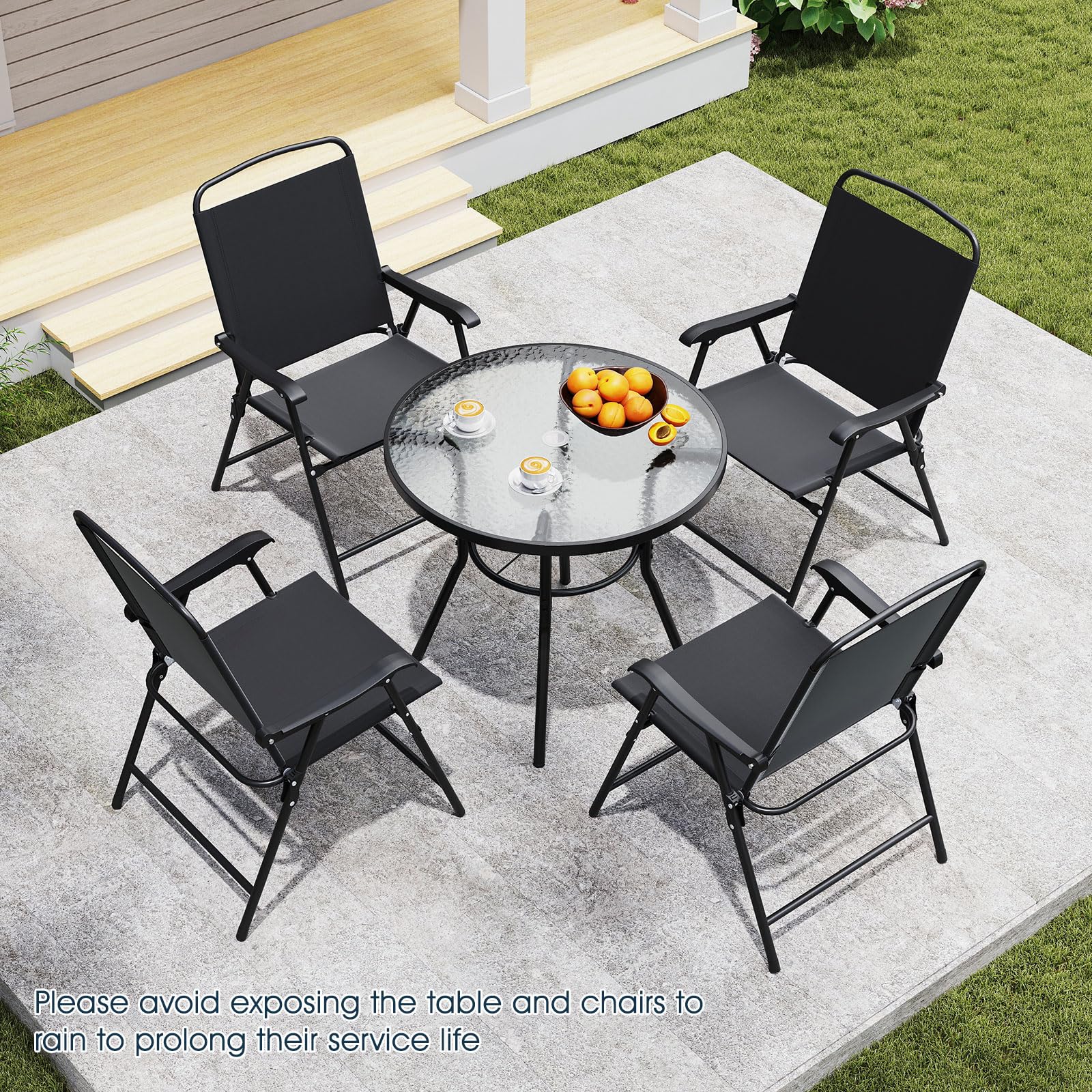 KOMFOTTEU Ensemble de Salon de Jardin 6 Pièces pour 4 Personnes, Set de Meubles de Jardin, avec 4 Fauteuils, 1 Parasol et 1 Table Ronde, Mobilier d’Extérieur, pour Cour, Patio, Noir