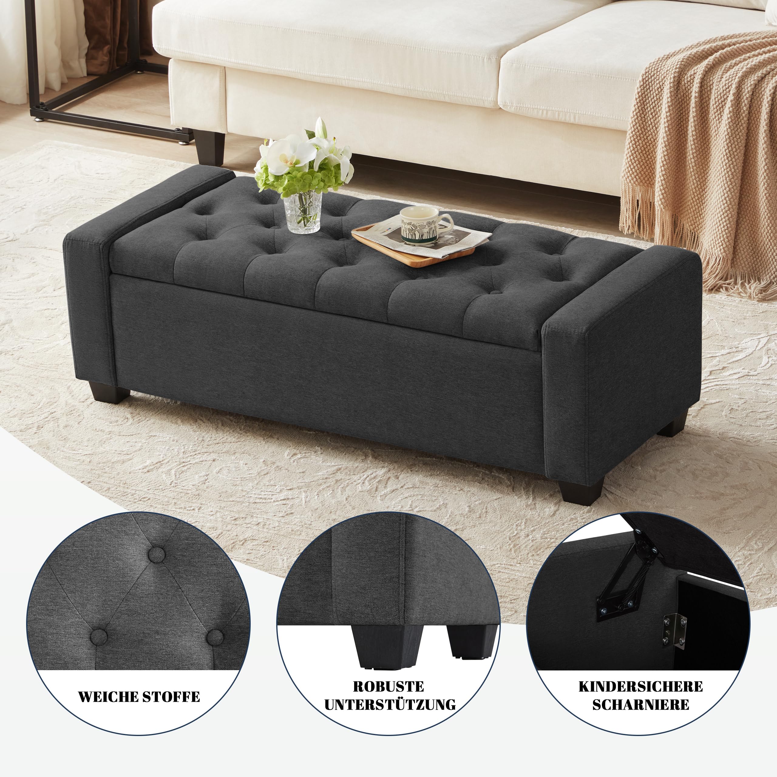 HOWJOE Sitzbank Mit Stauraum, Sitzhocker Mit Stauraum Belastbar Bis 200 Kg, Sitztruhe Mit Stauraum, Aufbewahrungsbox -123*50*42cm, Sitzbox, Polsterhocker Für Wohnzimmer Schlafzimmer Flur, Dunkelgrau