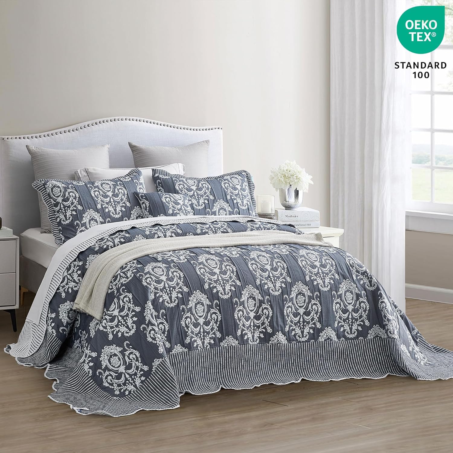 HZ & HY Oversized King Bedspread 128x120 Extra Wide, Jacquard Matelasse Damask Pattern Design, Lightweight, Reversible, 5 Piece, 100% Microfiber, Dark Blue - Image 4