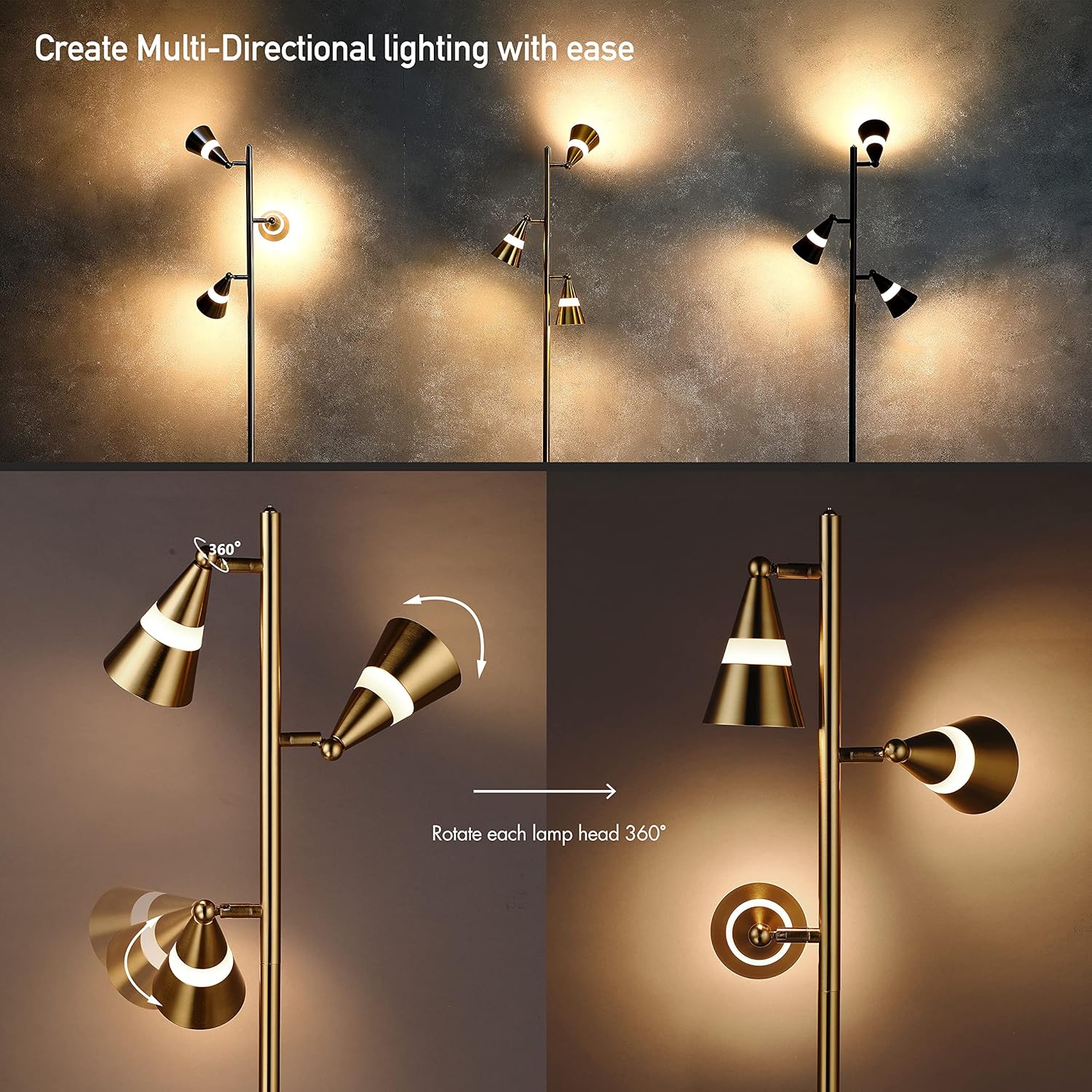 O’Bright Ash - 3-Light LED Tree Floor Lamp, Dimmable 3-Head LED, Multidirectional Standing lamp, Adjustable Multi-Shade, Swivel Cone Floor Lamp for Living Room, Bedroom, Antique Brass