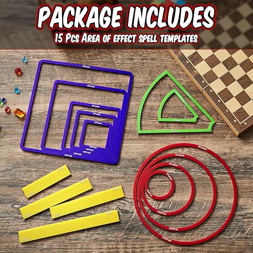 Miniatura 10 de Sintuff Juego de 15 plantillas de hechizos AOE de daño de acrílico translúcido rojo de área de efecto, incluye 5 cubos, 4 círculos, 2 conos, 4