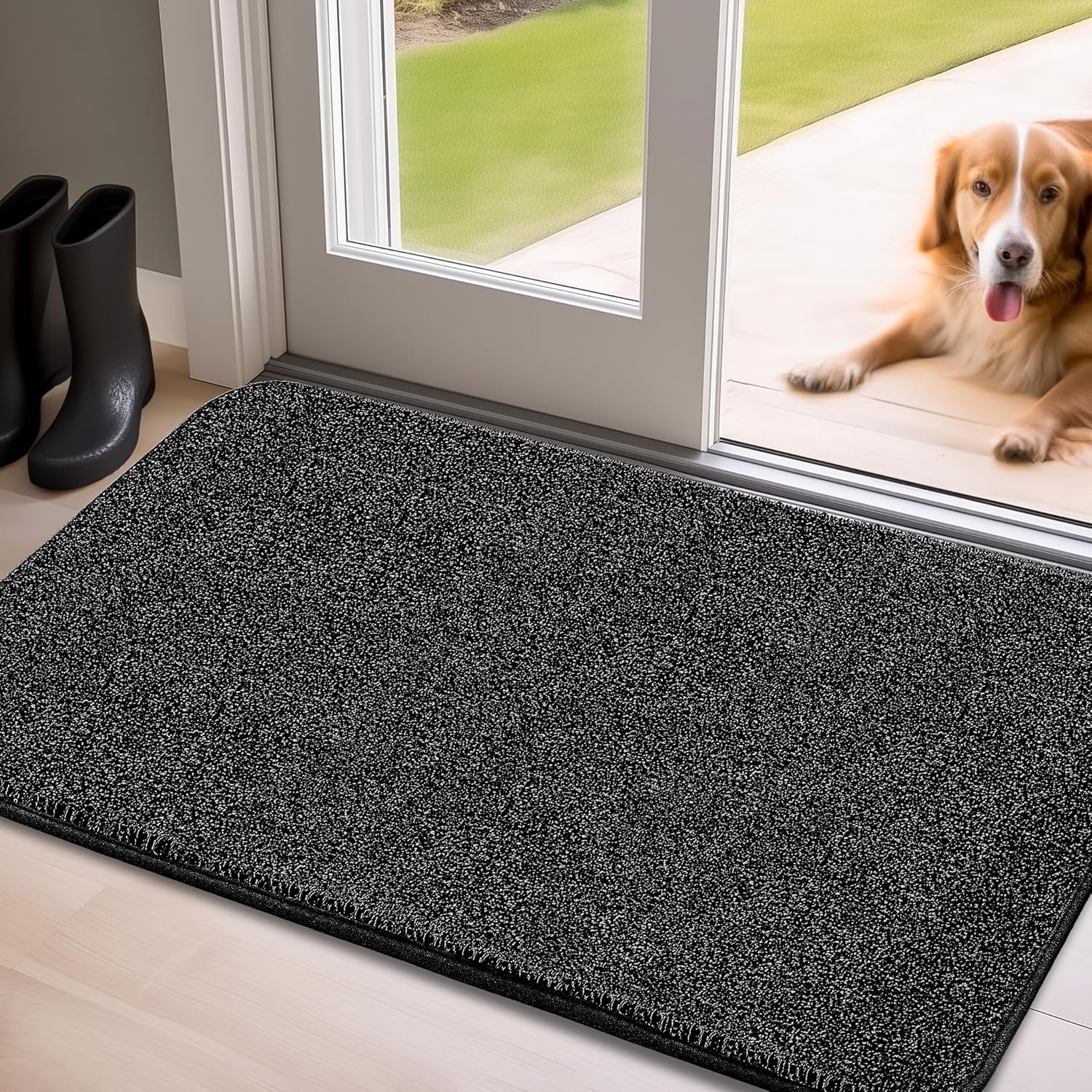 Mibao Front Door Mat Entrance, Non-Slip Absorbent Waterproof Welcome Doormat with TPR Backing, Dirt Trapping Entrance Inside Floor Mats for Entryway Washable Low-Profile, 24" x 35.5", Carbon Black
