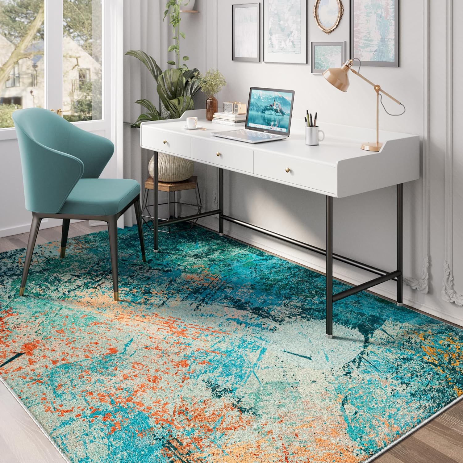 Arbosofe Modern Abstract Rug for Living Room, 5'x7' Washable Area Rug with Non-Slip Backing & Short Pile, Large Carpet with Abstract Pattern for Living Room Bedroom and Dining Floor Carpet Green