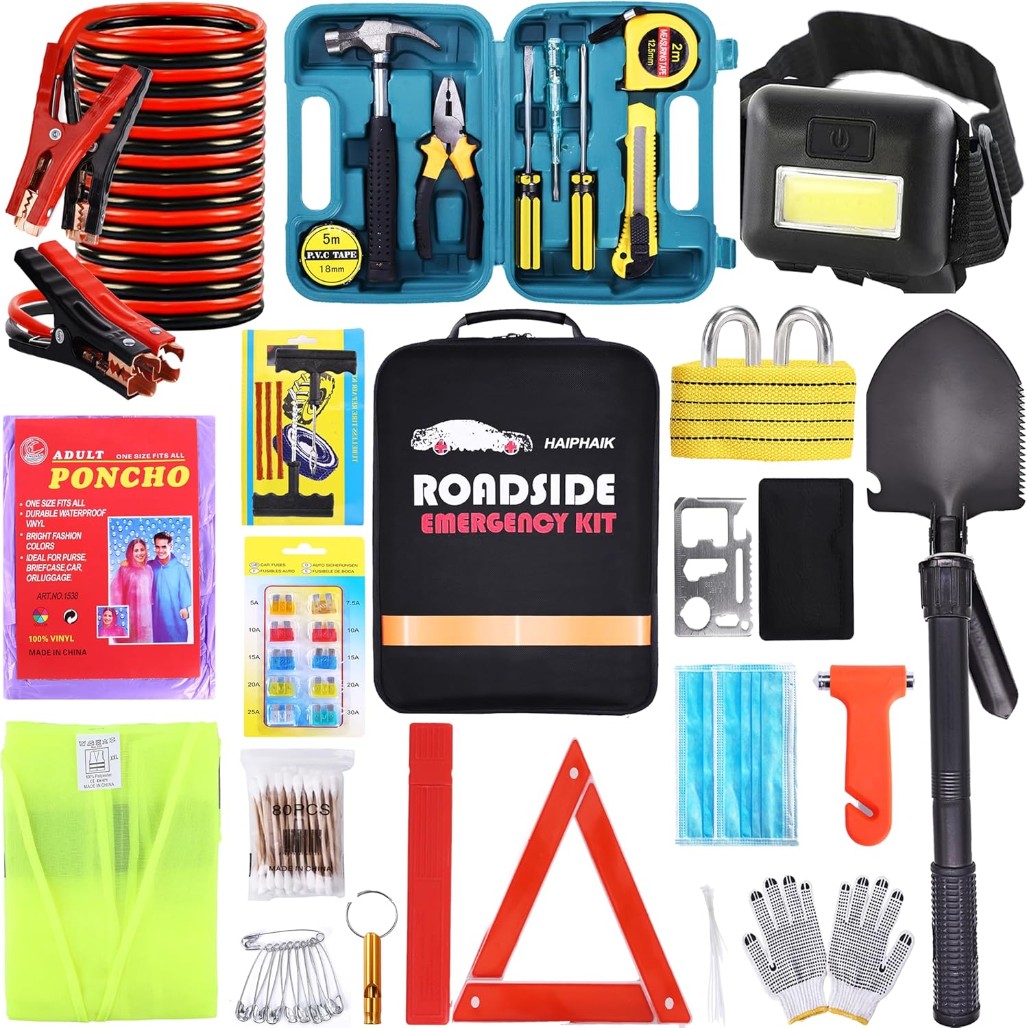 Roadside Emergency Car Kit-Emergency Car Kits for Vehicles Car Safety Kits with Jumper Cables,Tow Rope, Safety Hammer, Reflective Warning Triangle,Gifts for New Drivers