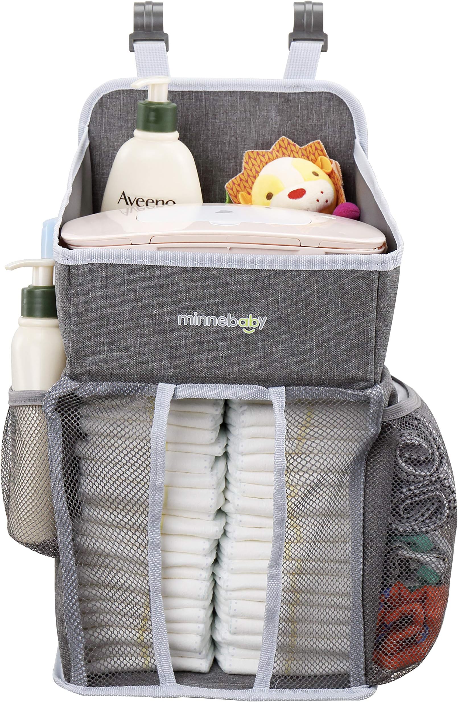 Minnebaby Baby Nursery Organizer and Diaper Caddy Organizer, Hanging Changing Table Diaper Stacker for Crib Storage, Playard and Nursery Organization