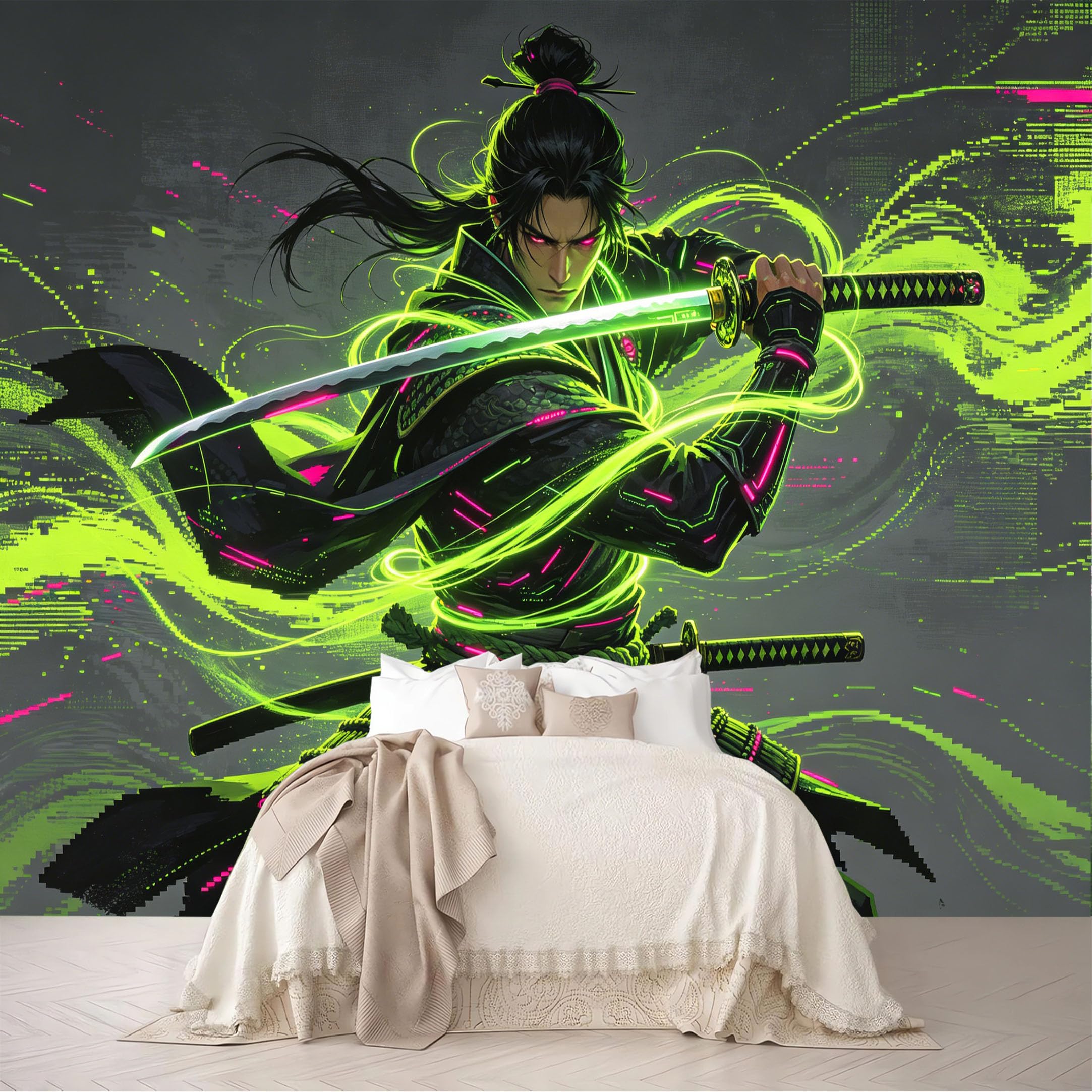 Dskjoviality Ab260706061 Custom Size Wall Mural Neon Cyber Samurai Light Wave Wallpaper Removable Self Adhesive Peel And Stick Wallpaper For Bedroom Living Room Dining Room