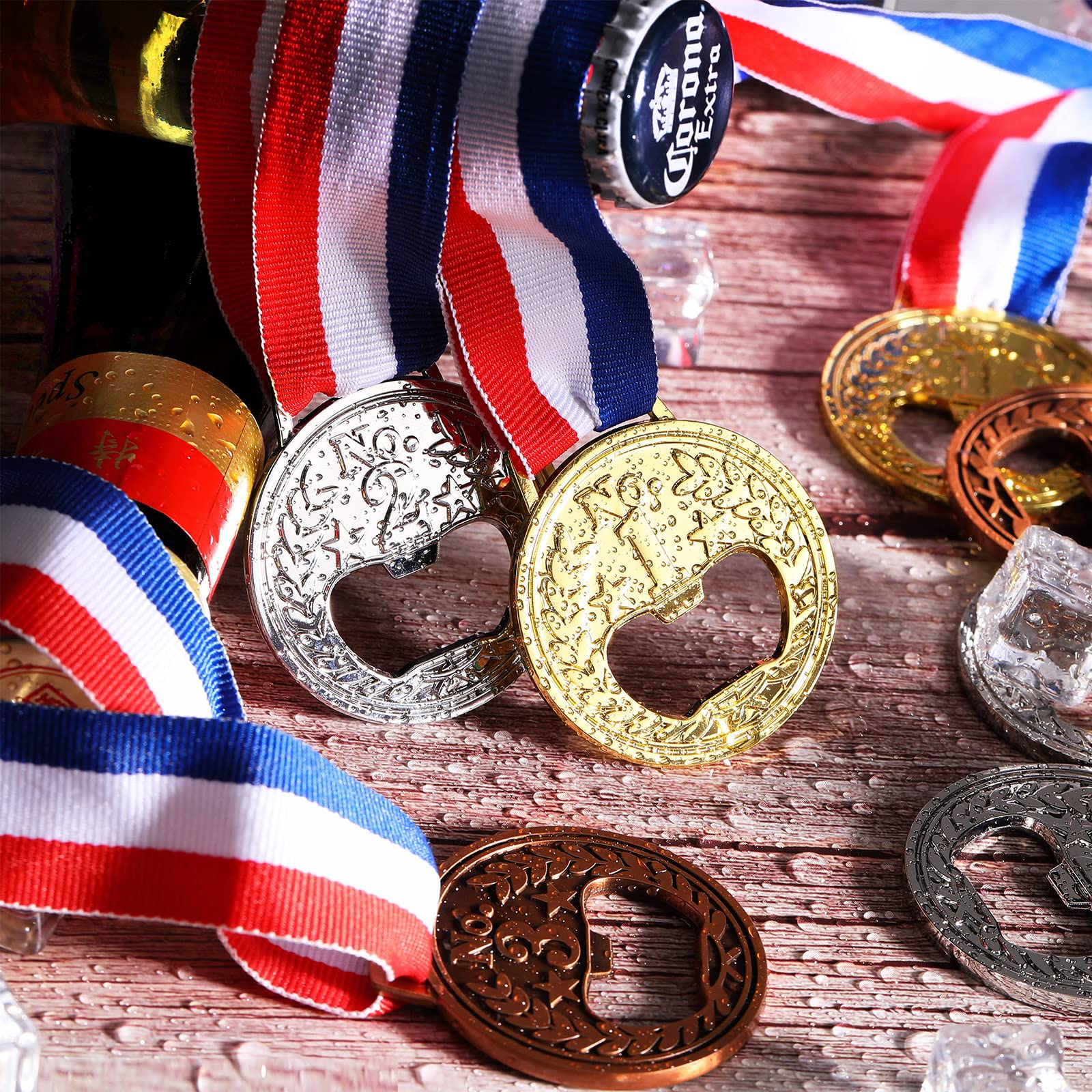 Honeydak Abridor de botellas plano con forma de medalla, ganador, premio, abridor de vino y cerveza, oro, plata, cobre, medalla, trofeo, con cinta para el cuello, para bar, camarero, hombre, cocina,