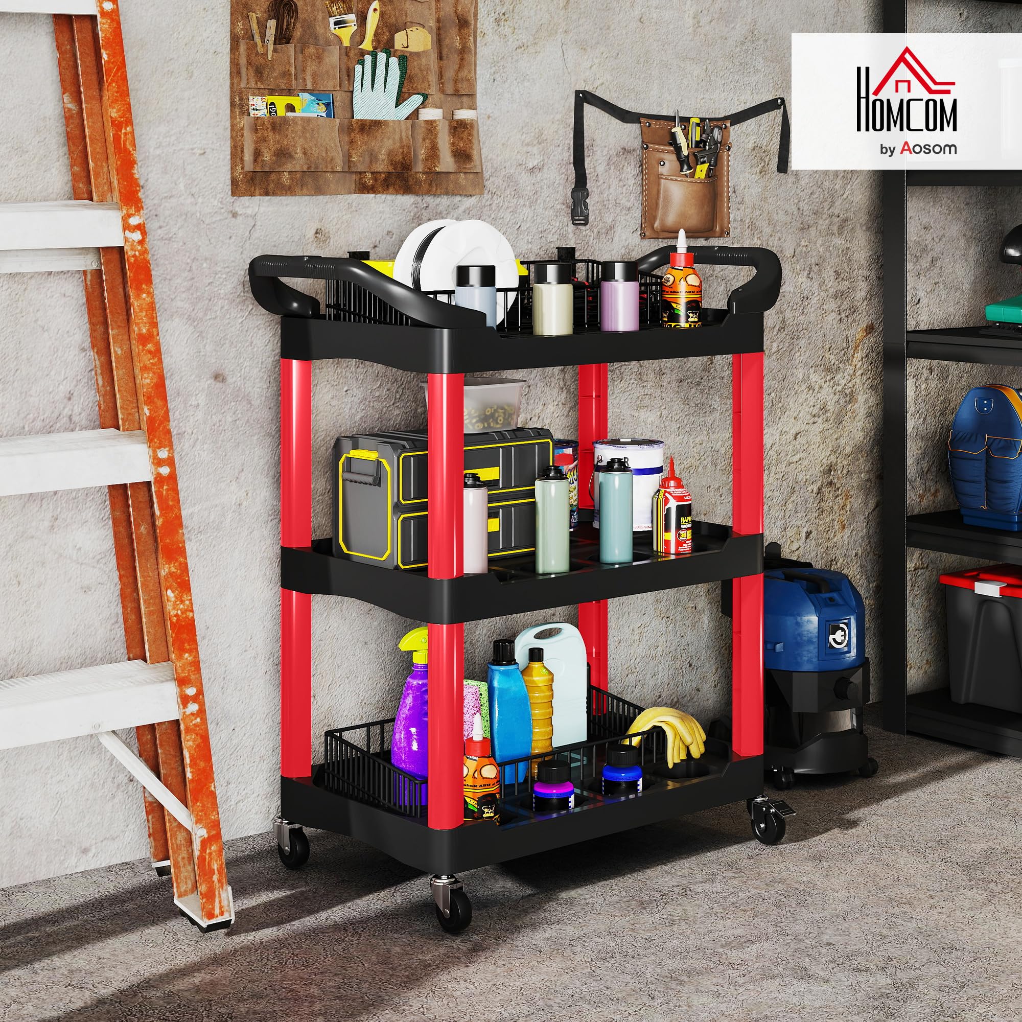 HOMCOM Chariot d'atelier servante Atelier Chariot à Outil à 3 Niveaux avec poignée latérale, desserte Atelier pour Garage, entrepôt, Outils de Bricolage, Charge 91 Kg, 83 x 43 x 97 cm, Noir et Rouge