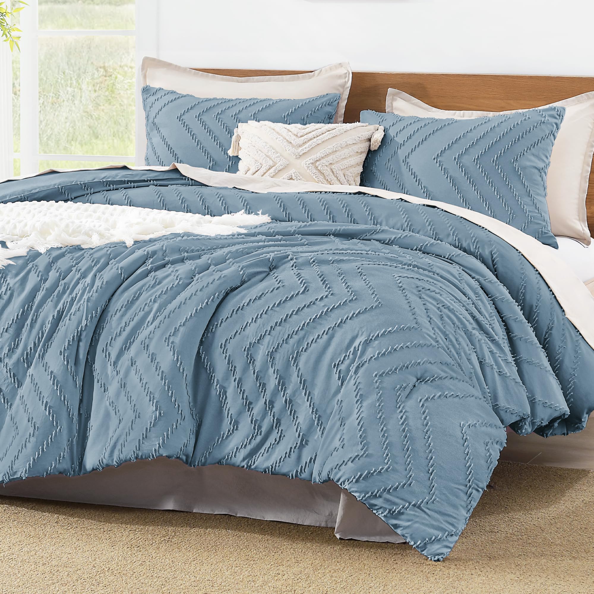 Litanika Grayish Blue Full Comforter Set, 3 Pcs Boho Tufted Bedding Set