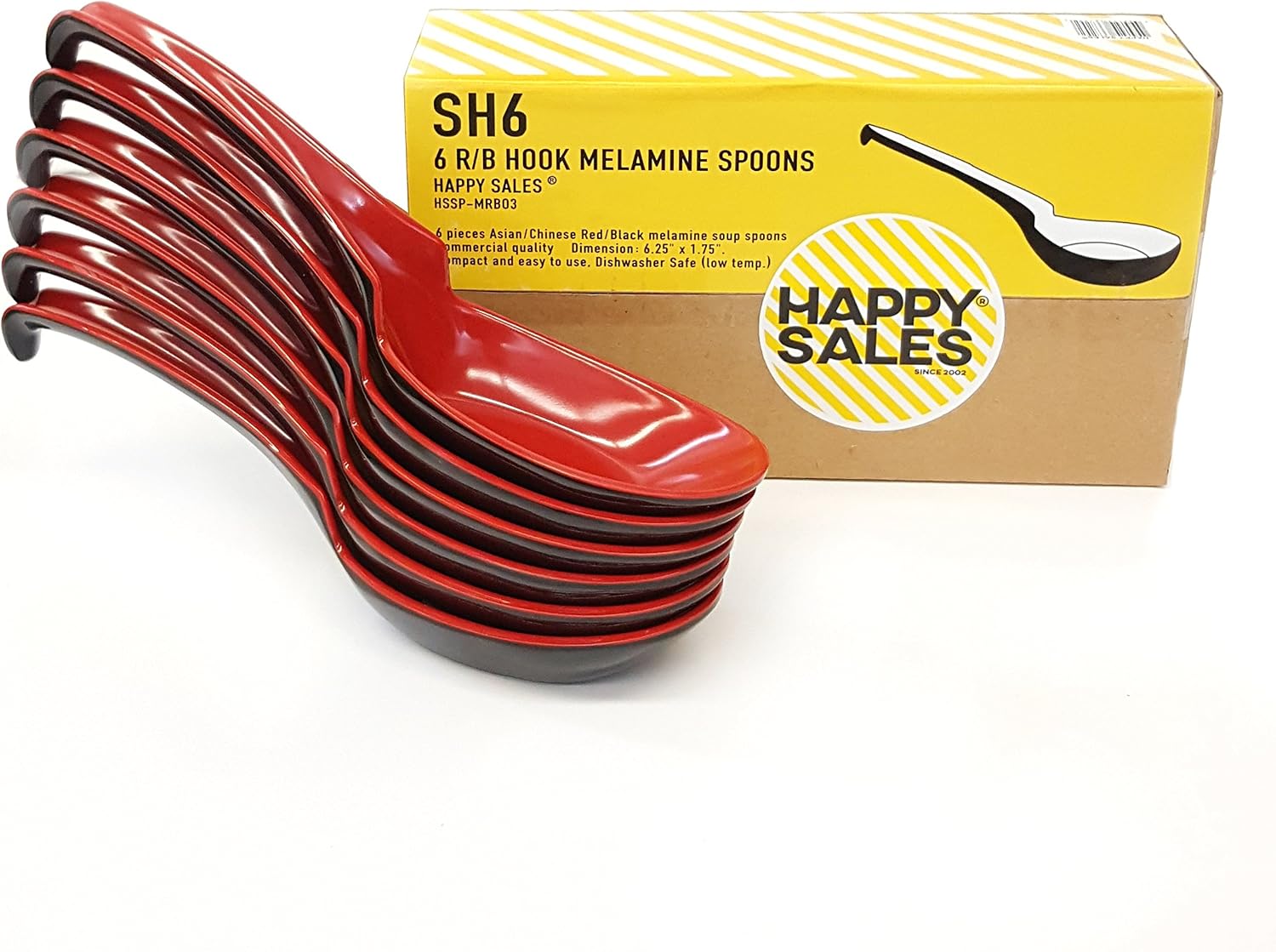 Happy Sales Melamine Soba, Rice Spoons, Chinese Won Ton Soup Spoon, Asian Red and Black, 6 Pack Notch & Hook Style