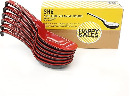 Miniatura 2 de Happy Sales Soba de melamina, cucharas de arroz, cuchara de sopa china de Won Ton, rojo asiático y negro, paquete de 6 unidades con muesca y gancho