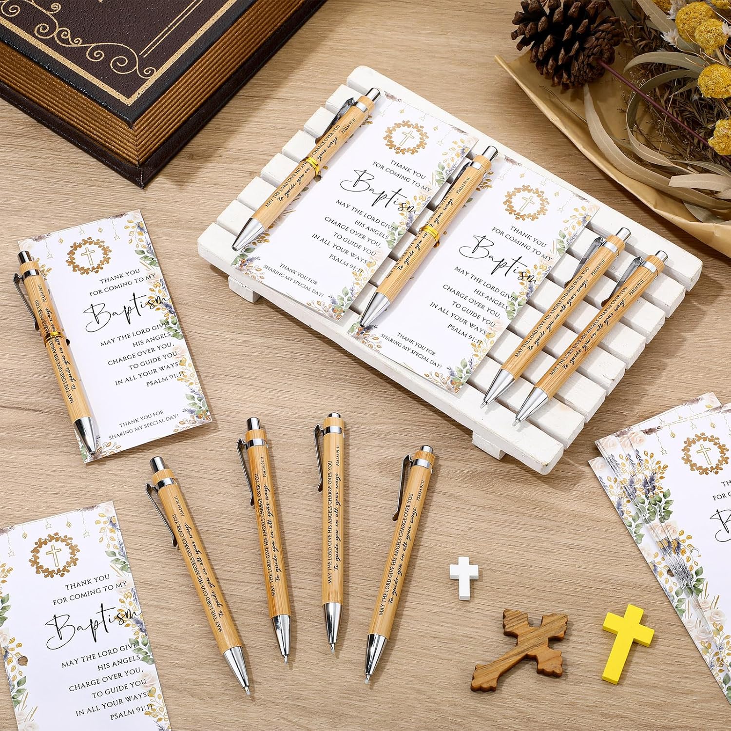 Skyygemm 50 Sets Baptism Favors for Guests First Communion Baptism Quote Bamboo Pens Cross Thank You Cards Christian Souvenir for Guests Christian Gift