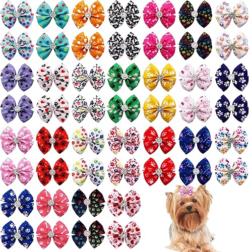 Miniatura 10 de PET SHOW 50 unidades/25 pares de lazos para el pelo de perro pequeño con bandas de goma con diamantes de imitación para cachorros, moño