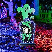 Vista 6 de Joliyoou Estaca de Halloween para patio, 26.4 pulgadas con luz solar de metal con fantasmas que brillan en la oscuridad, 18 luces LED moradas