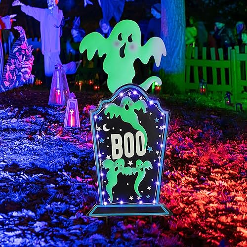 Miniatura 6 de Joliyoou Estaca de Halloween para patio, 26.4 pulgadas con luz solar de metal con fantasmas que brillan en la oscuridad, 18 luces LED moradas