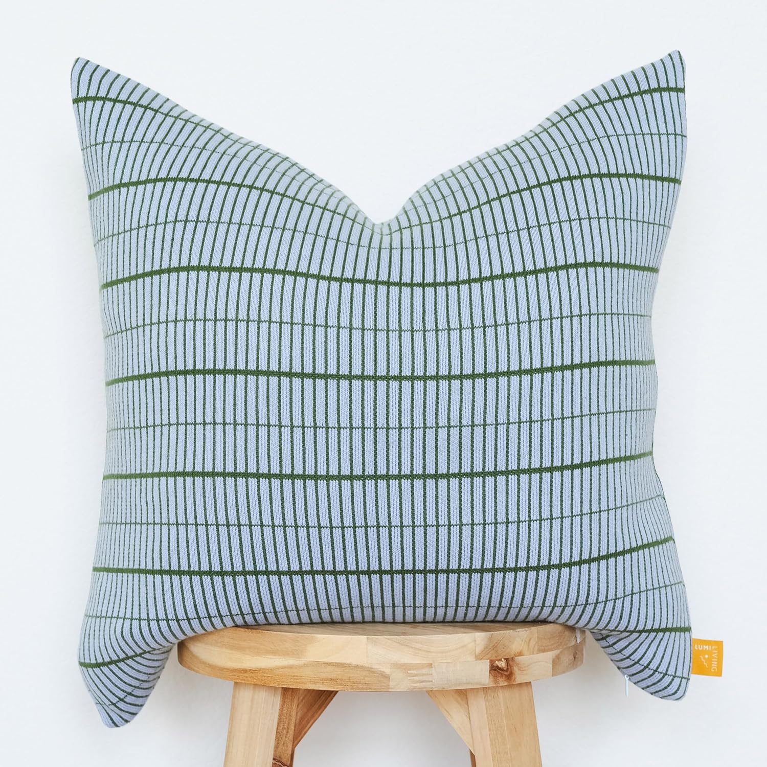 18x18 Premium Throw Pillow Cover – 100% Cotton Knit, Soft Textured Decorative Cushion for Sofa, Bed, or Chair (Cloud Blue Small Grid Design)