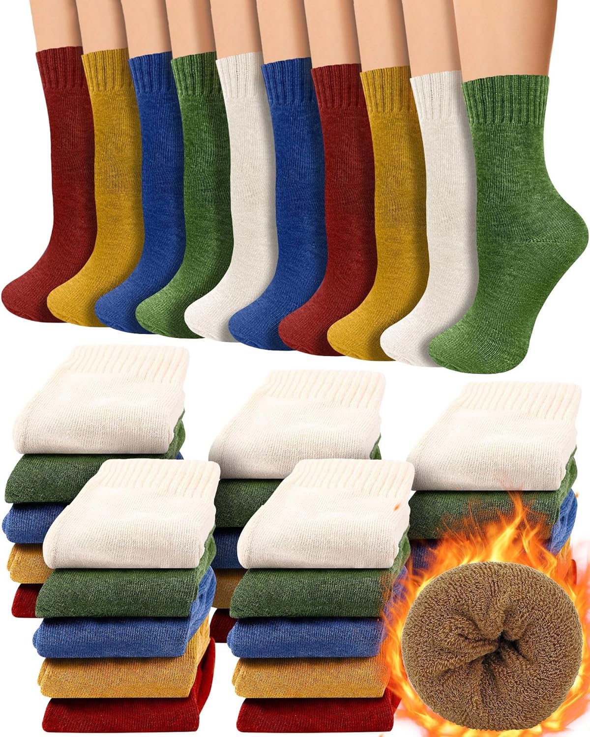 Jecery 50 Pairs Winter Socks Bulk for Women Cozy Solid Thick Warm Socks Winter Crew Slouch Gifts