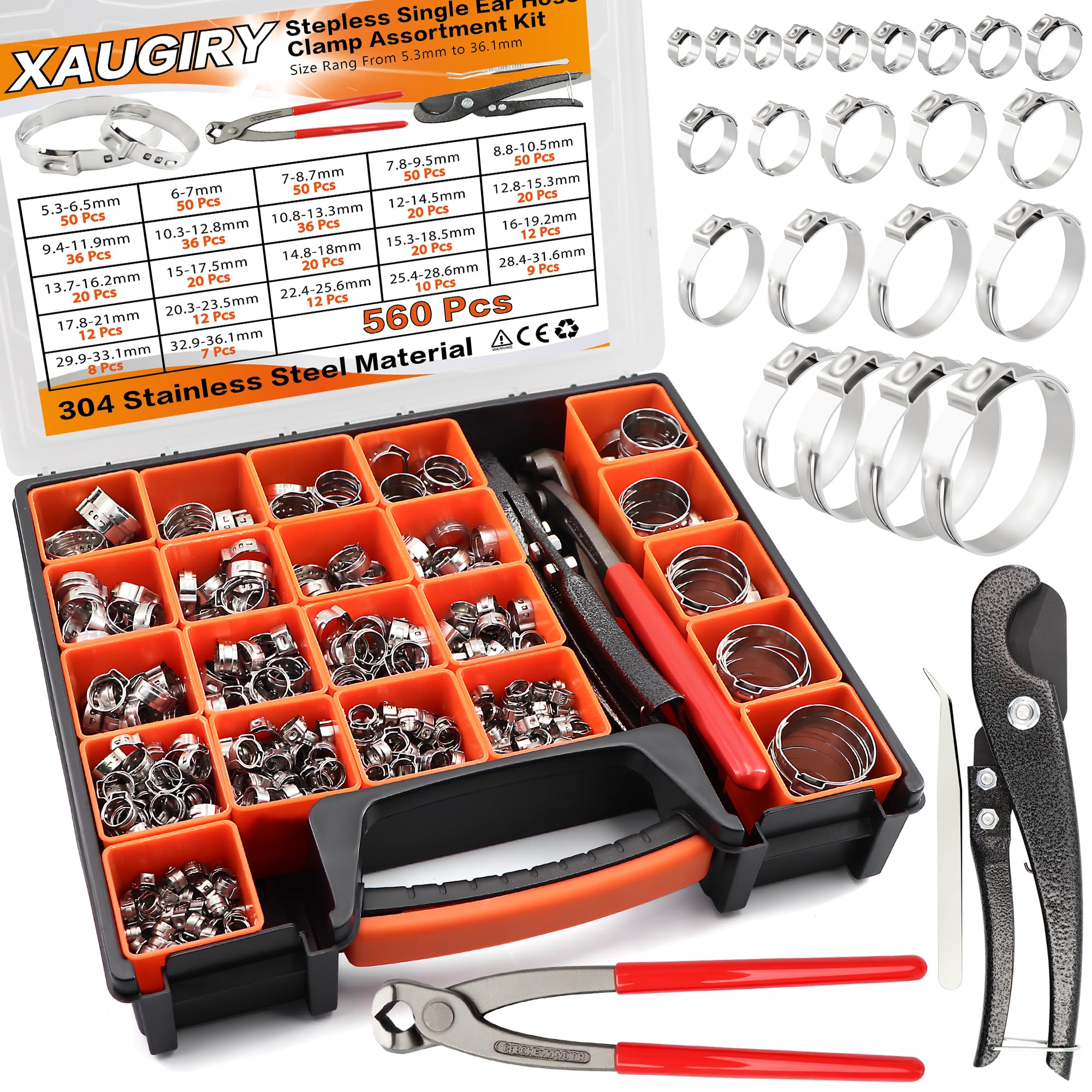 560Pcs Stepless Single Ear Hose Clamp Kit(5.3-36.1mm)with Tool for Pipeline