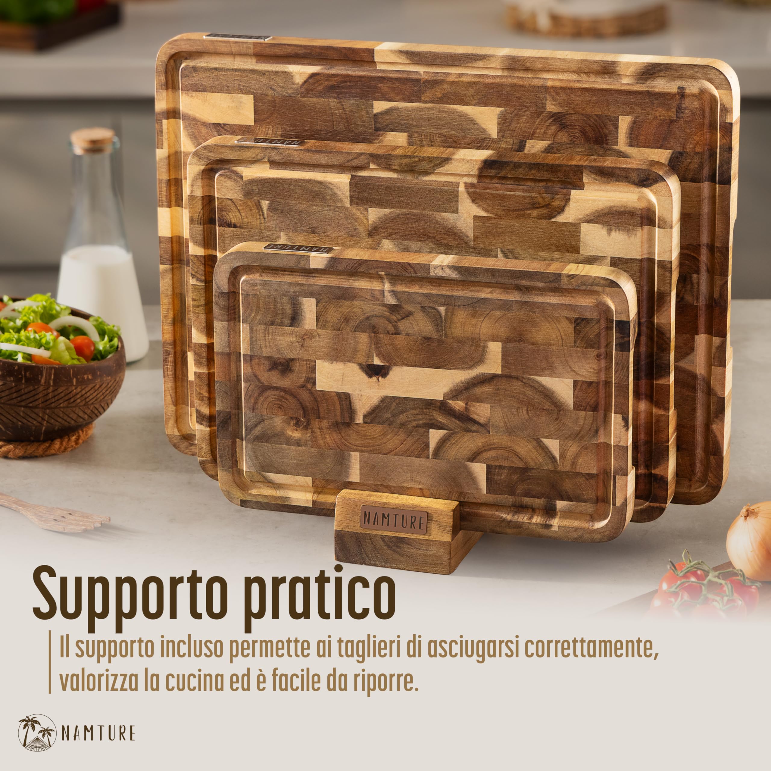 Set di 3 Taglieri da Cucina in Legno di Acacia – 2,5 cm, finitura ad olio premium, canalina raccogli succhi, piedini antiscivolo & supporto – confezione regalo