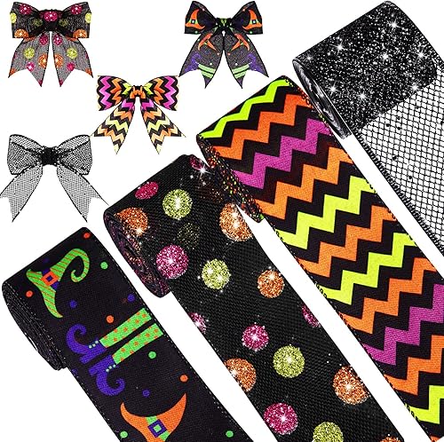 4 rollos de 24 yardas de 25 pulgadas con brillantina para Halloween con borde con alambre sombrero de pierna de bruja cinta a rayas cinta de tela