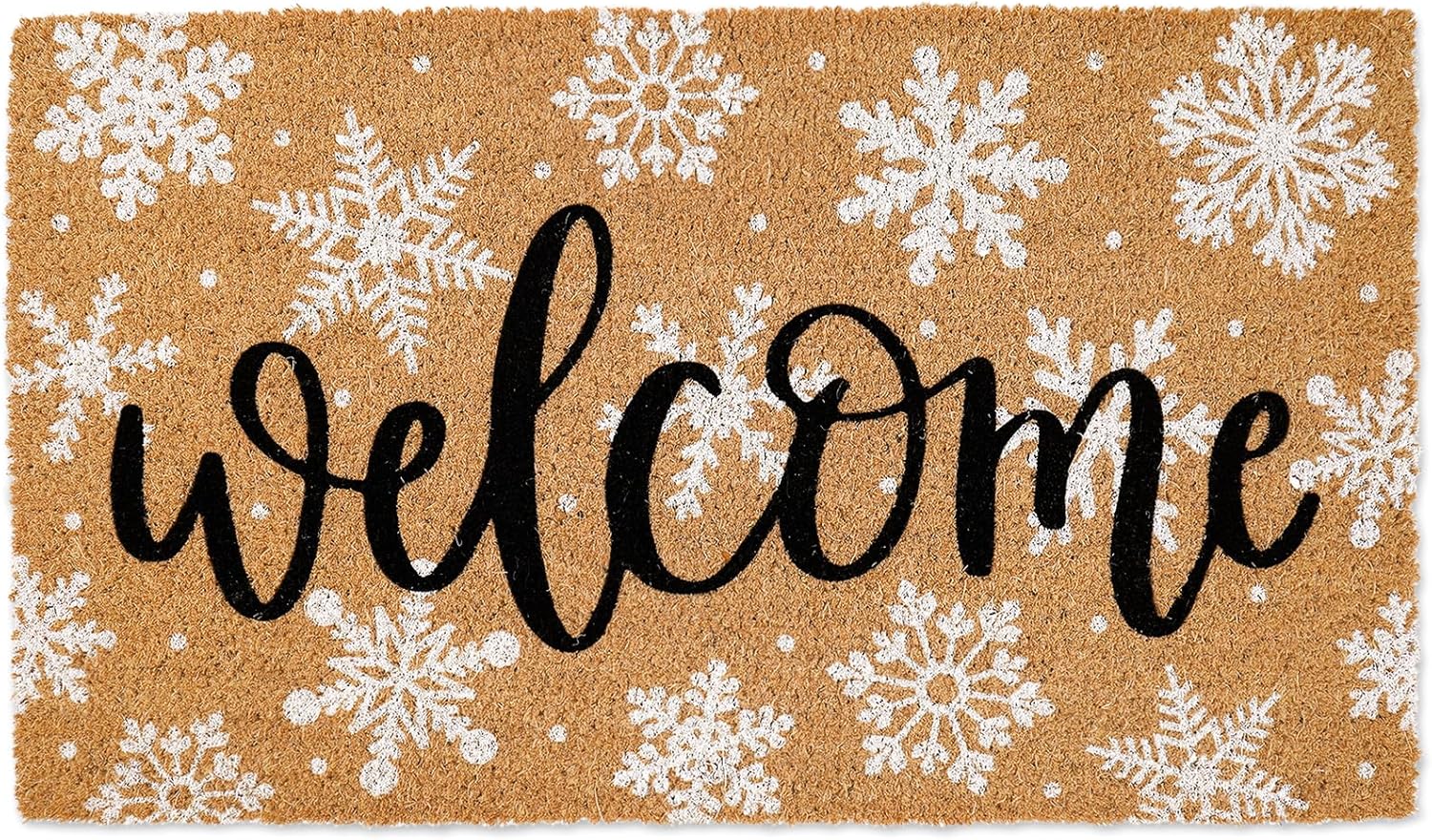 JarThenaAMCS Winter Natural Coir Doormat WhiteSnowflake Welcome Floor Mat Christmas Non-Slip Entrance Door Rug for Xmas Indoor Outdoor Home Bathroom Decor, 16.5 x 29 Inch