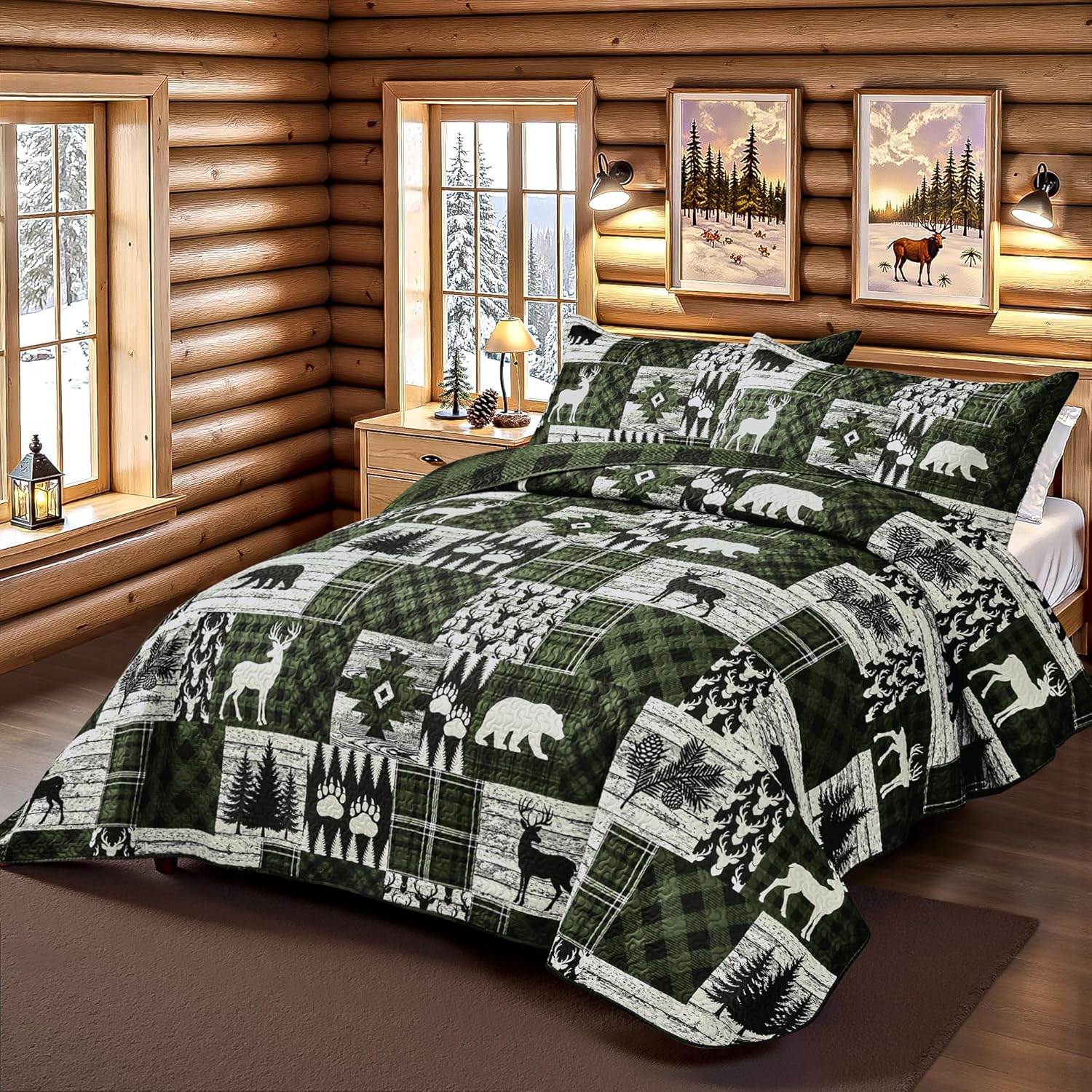 3 Piece Cabin King Size Quilt Sets Farmhouse Rustic Reversible Microfiber Soft Lightweight Bedspread Comforter with 2 Shams Patchwork Country Lodge Bedding Quilts Set for All Season, 106''x96'', Green