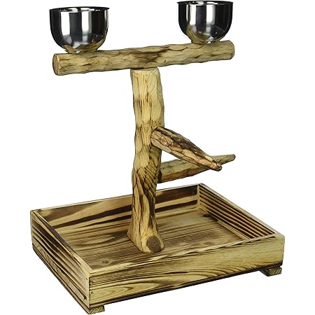 Penn-Plax Wood Bird Perch with 2 Stainless Steel Feeding Cups and Drop Tray for Large Birds - 2 Size Options