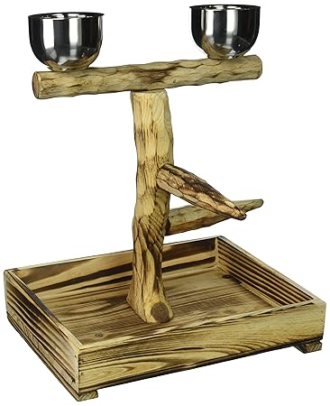 Penn Plax Bird Perch with 2 Stainless Steel Feeding Cups and Drop Tray Wood 11 inch Height