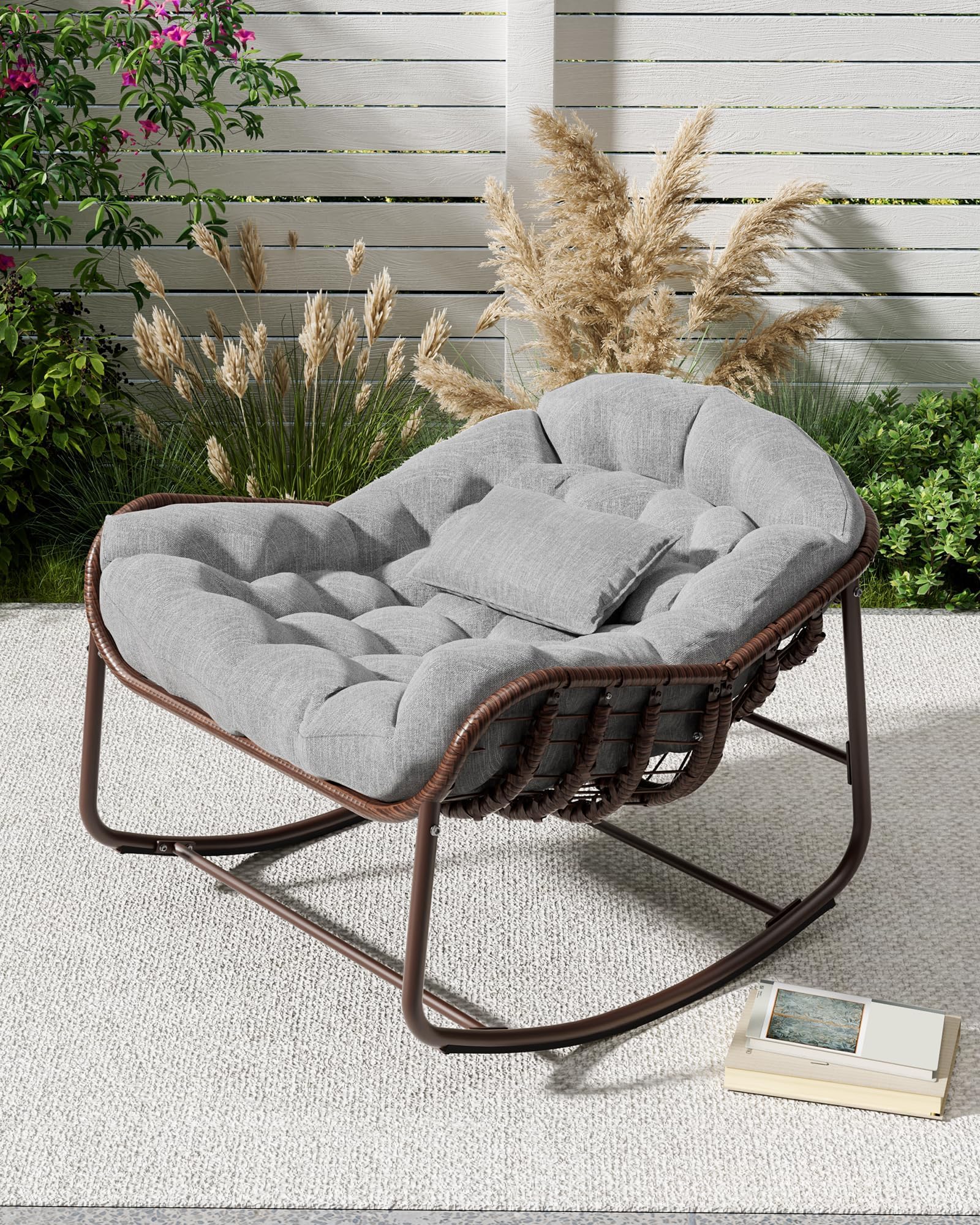 Fauteuil à Bascule En Rotin,Fauteuil oeuf avec Coussin Épais,Charge 130kg,Structure En Métal,Imperméable,Intérieur & Extérieur, Chauffeuse Relax pour jardin,Salon,Balcon,Terrasse,Coin lecture(Gris)