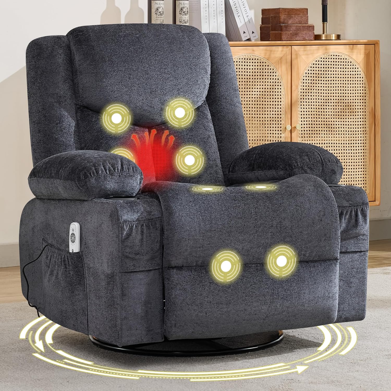 Swivel Recliner Chair for Adults,Oversized Rocker Recliner with Massage and Lumbar Heat,Rocking Chair with Side Pocket,2 Cup Holders,for Living Room