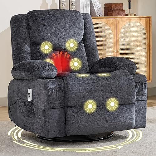 Swivel Recliner Chair for Adults,Oversized Rocker Recliner with Massage and Lumbar Heat,Rocking Chair with Side Pocket,2 Cup Holders,for Living Room