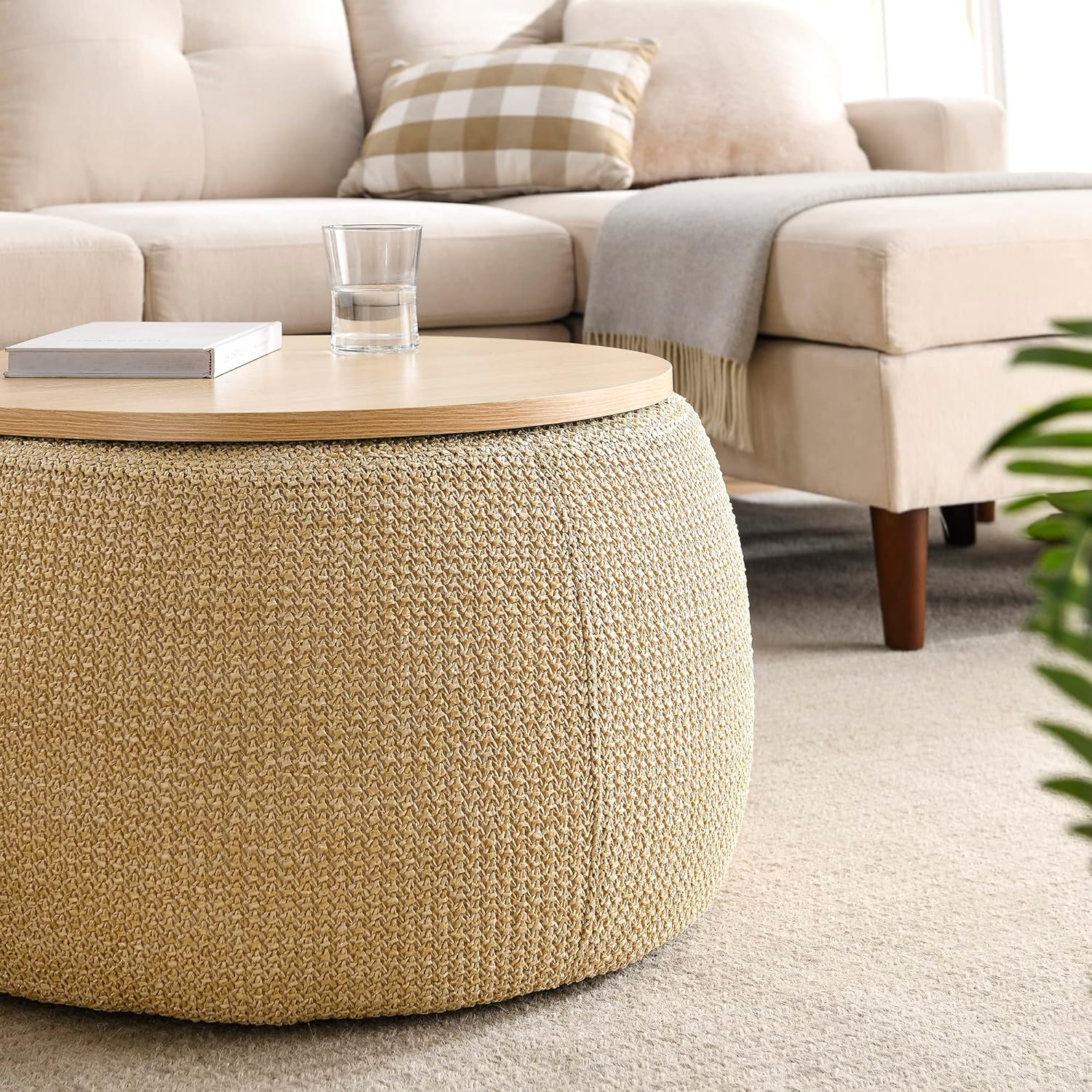 2-in-1 Functional Circular Storage Ottoman, Used as End Table and Ottoman, Equipped with Storage Space and MDF Desktop Panel (Natural)