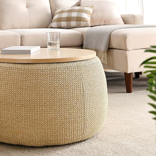 Miniatura 7 de Setawix Otomana redonda con almacenamiento para sala de estar, mesa de centro otomana circular de ratán sintético hecha a mano con bandeja de tapa