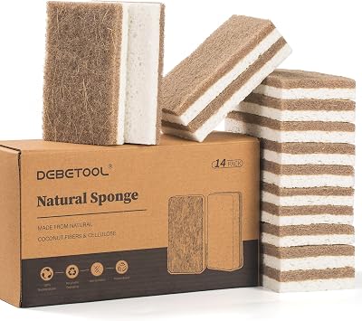 DEBETOOL 14-Pack Natural Coconut Sponges for Dishes | Plant Based Kitchen Dish Sponge with Coconut & Cellulose,Non-Scratch Sponges for Washing DishesPlastic Free