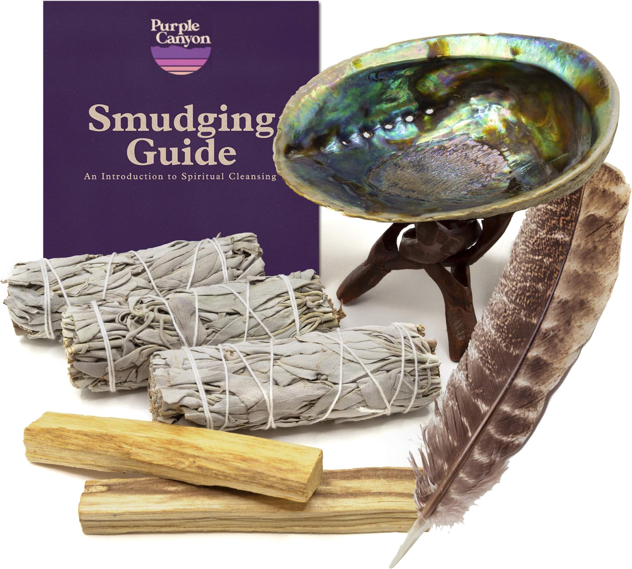 Smudge Kit (Beginner's Gift Set) - 3 White Sage Smudge Sticks, 2 Palo Santo, Abalone Shell, Smudge Feather w/Stand + Smudging Guide for Home Cleansing & Healing Meditation Rituals