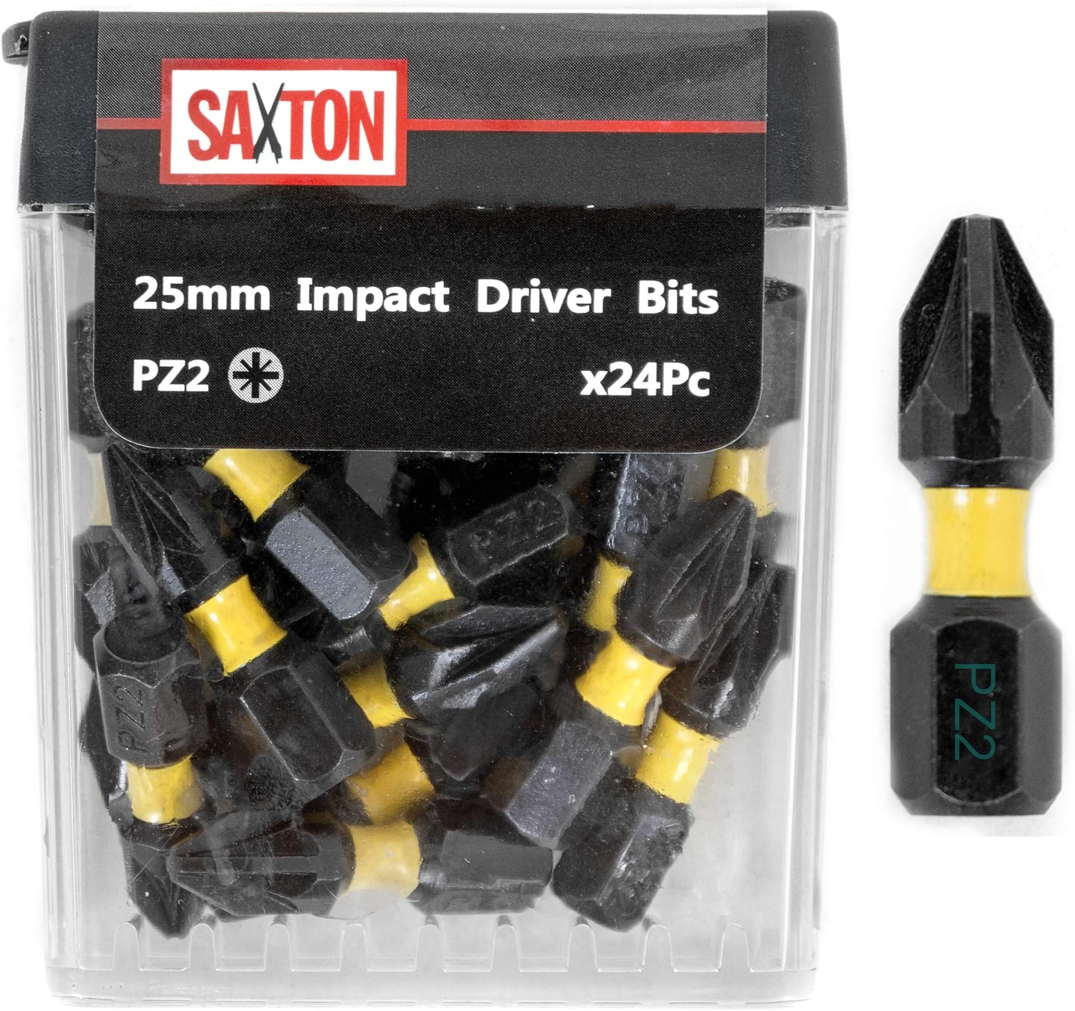 Saxton 24x PZ2-25mm Impact Duty Pozi-Drive Screwdriver Drill Driver Bits Sets Tic Tac Box Compatible with Dewalt Milwaukee Bosch