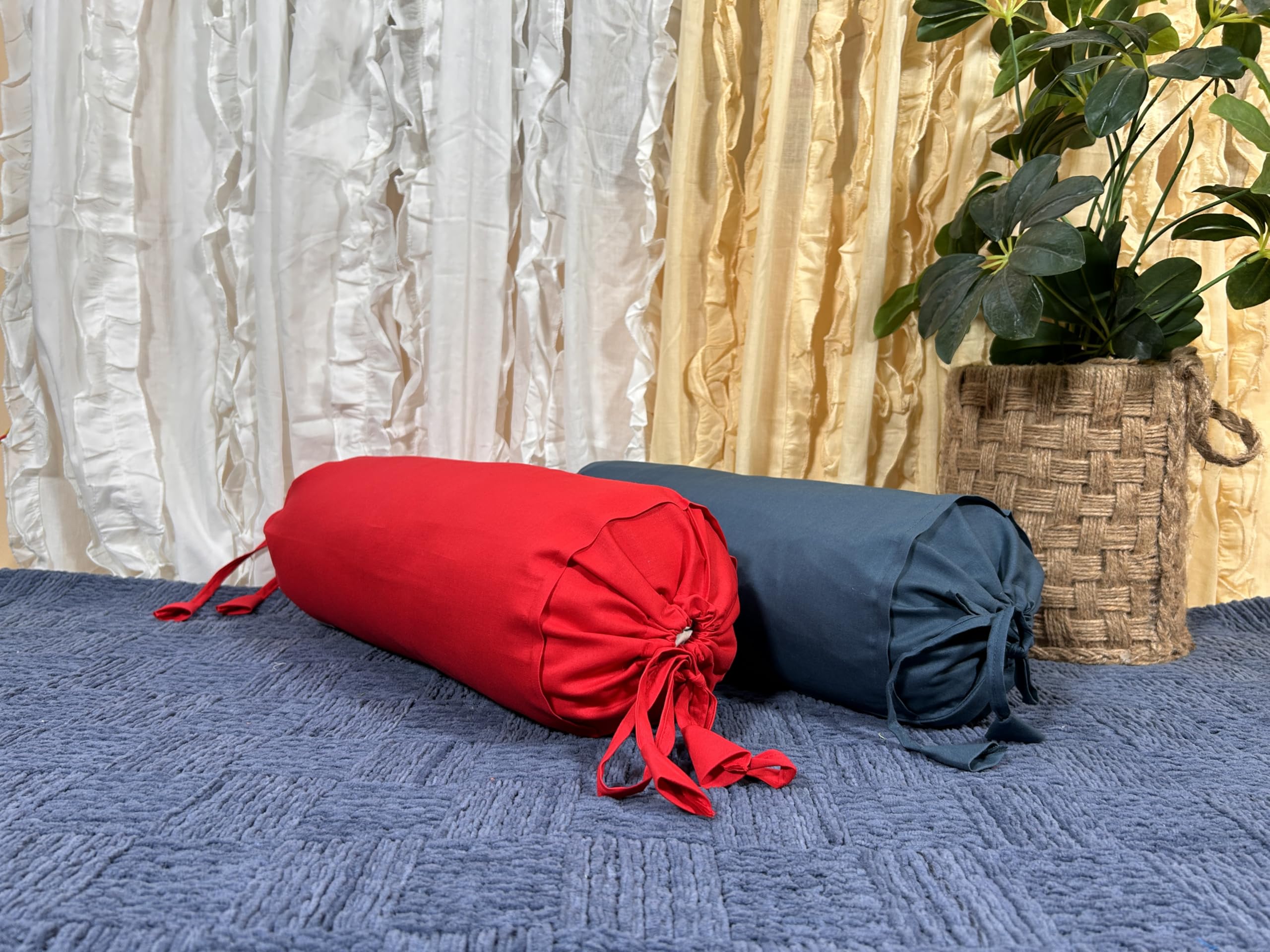 SAFFRON HANDICRAFTS 2 Pcs Cervical Neck Roll Pillow Cover with Drawstring Closures Round Neck Roll Pillow Case Cotton Bolster Pillowcases for Cylindrical Cushion (Red, 6X 20 inch (15 x 50.5 cm))