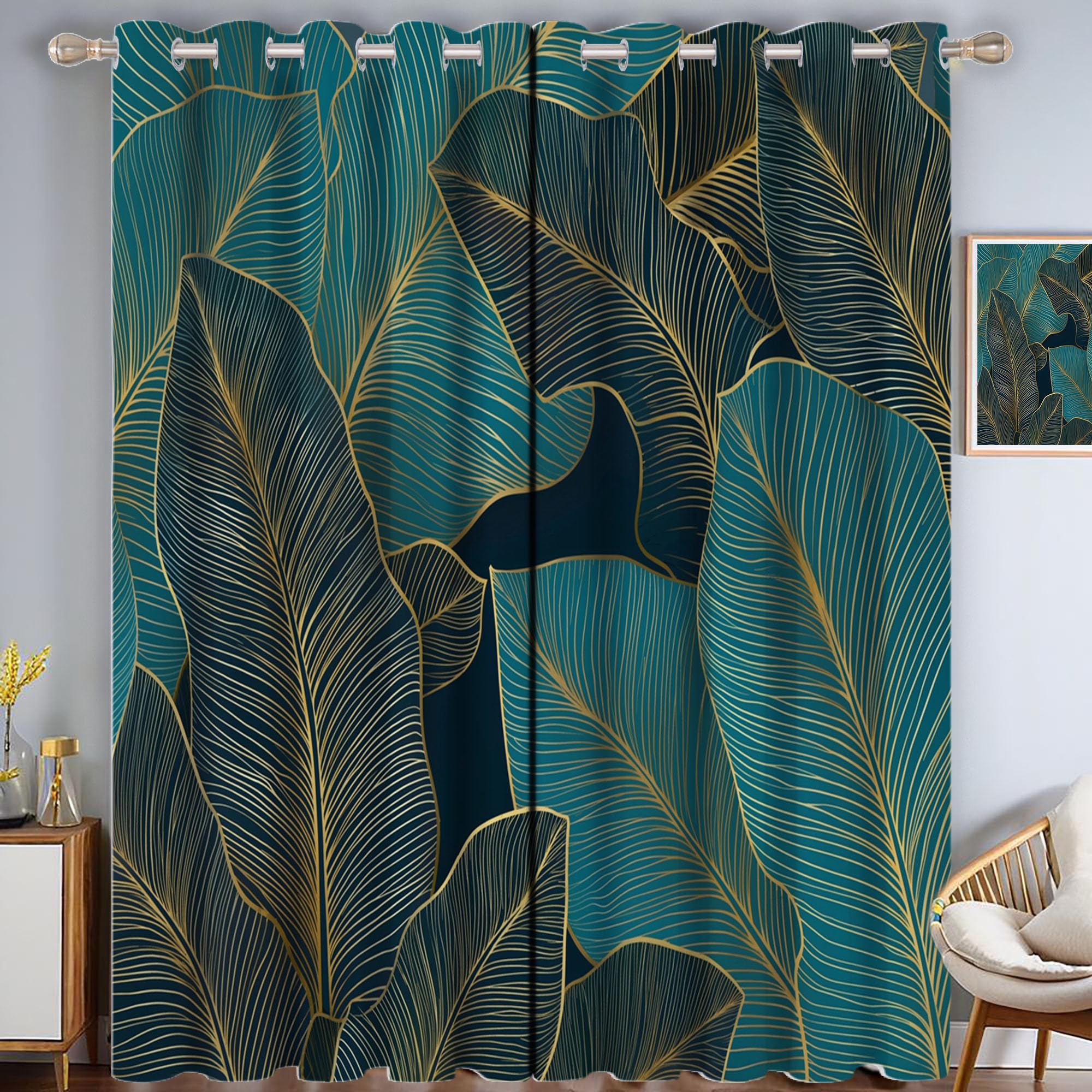 Rideau sarcelle opaque motif feuilles de bananier thermique pour fenêtre de chambre et salon