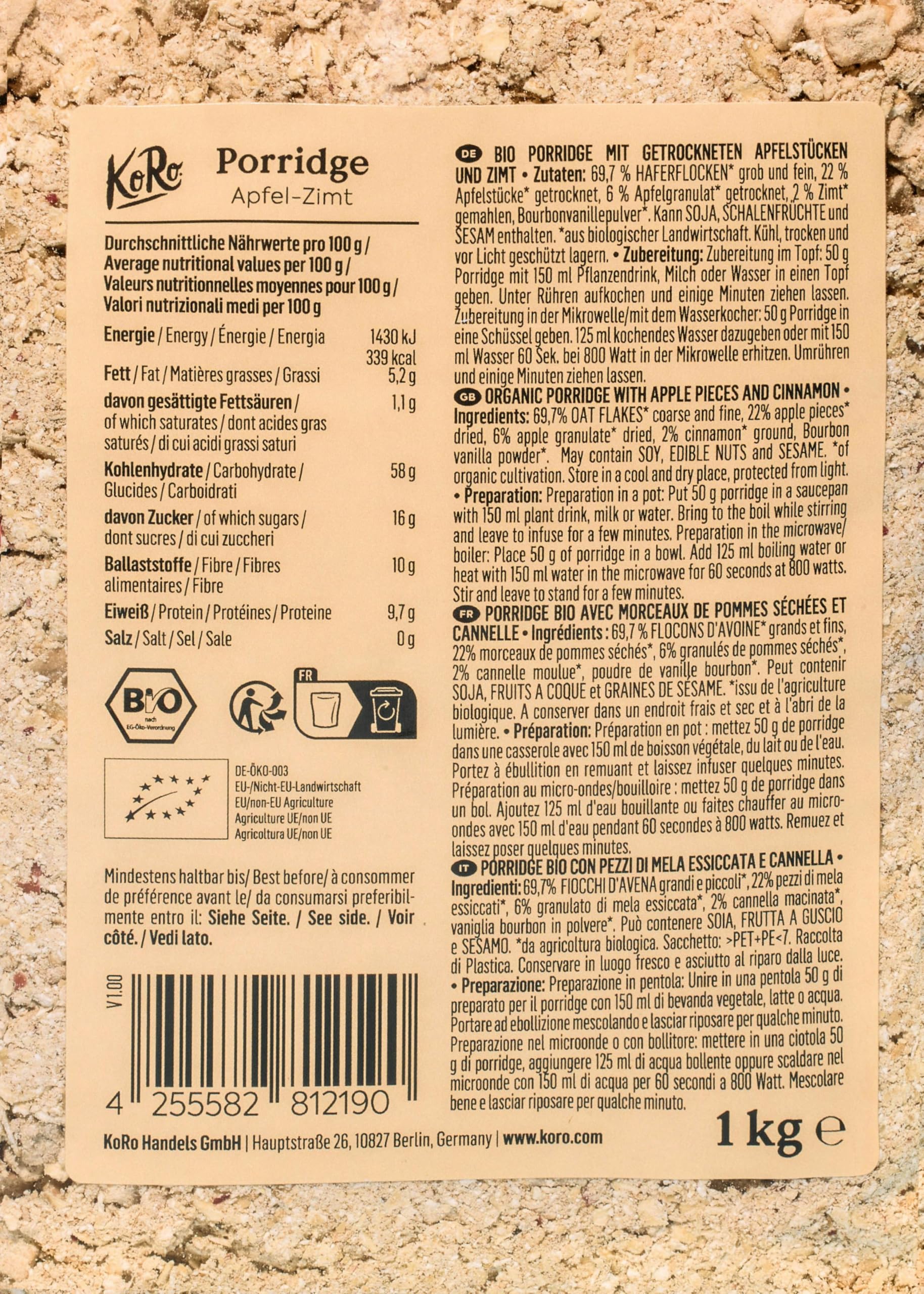 KoRo - Bio Apfel-Zimt Porridge 1 kg - Vegan - Für Porridge oder Overnight Oats - Schnell & einfach zubereitet