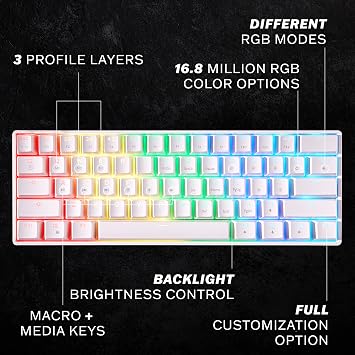 HKKB GK61 Mechanical Gaming Keyboard 60 Percent | 61 RGB Rainbow LED Backlit Programmable Keys | USB Wired | For Mac and Windows PC | Hotswap Gateron Mechanical Yellow Switches | White