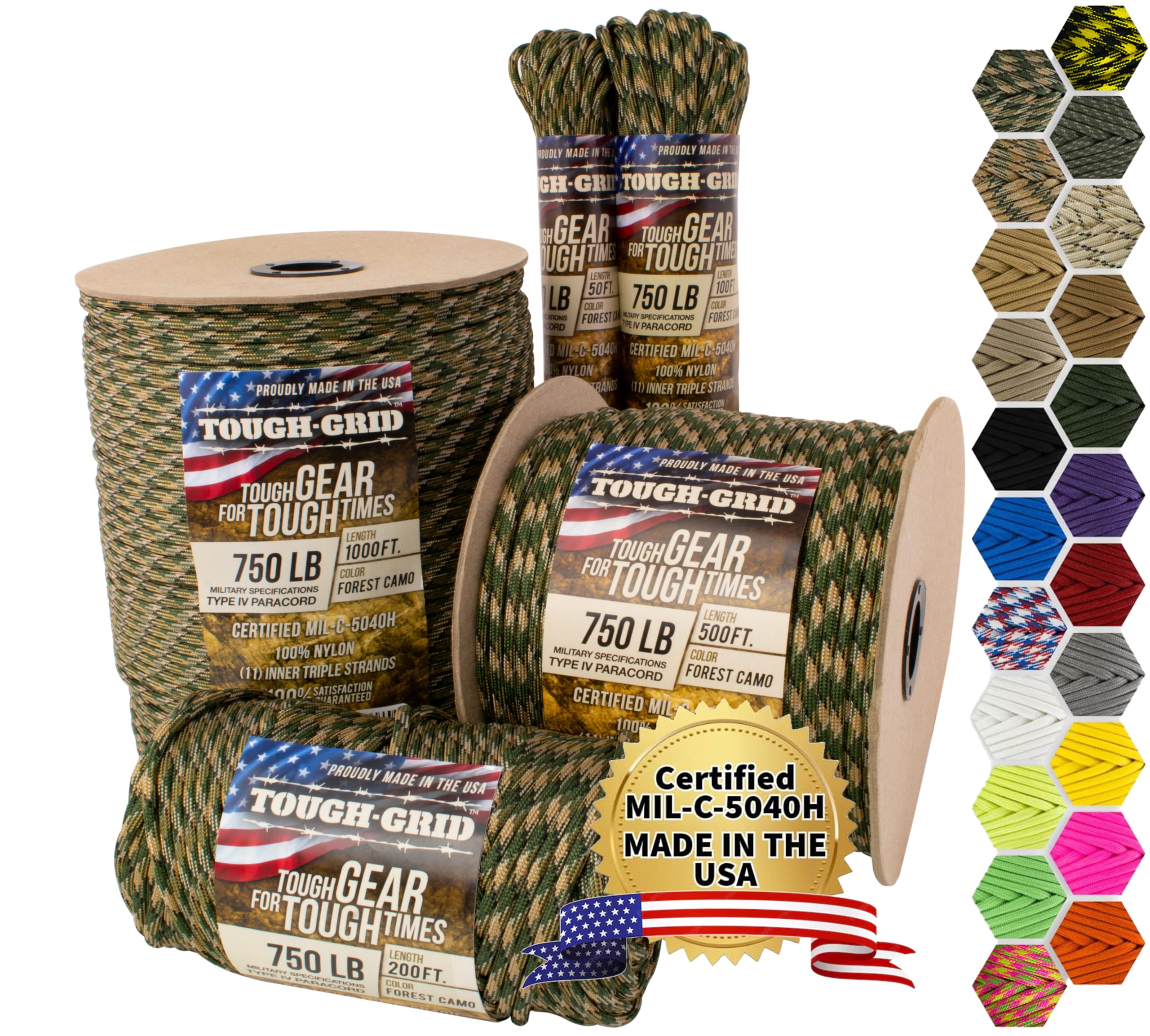 TOUGH-GRID 750 Paracord Military Grade Nylon Rope - Type IV Mil-Spec Made in USA - Tactical Survival Cord