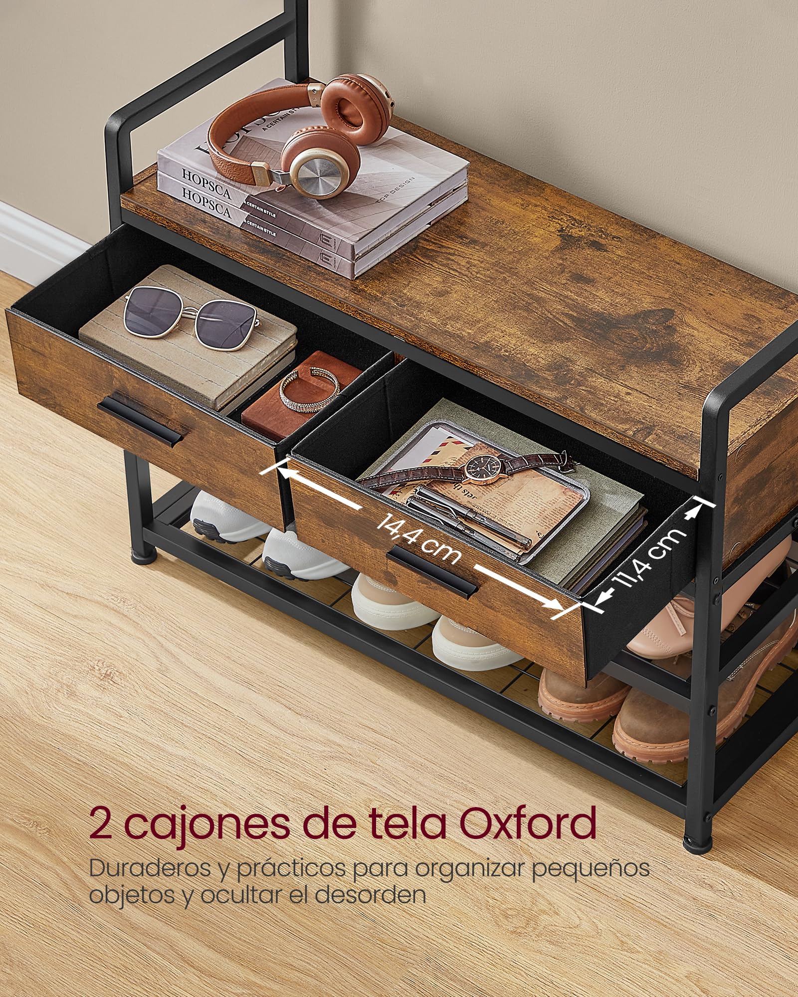 VASAGLE Perchero Recibidor, Mueble de Entrada con 10 Ganchos Extraíbles, 2 Cajones, Banco Zapatero, Diseño Separable, 30 x 80,4 x 181,6 cm, Marrón Rústico y Negro Tinta HSR429B01