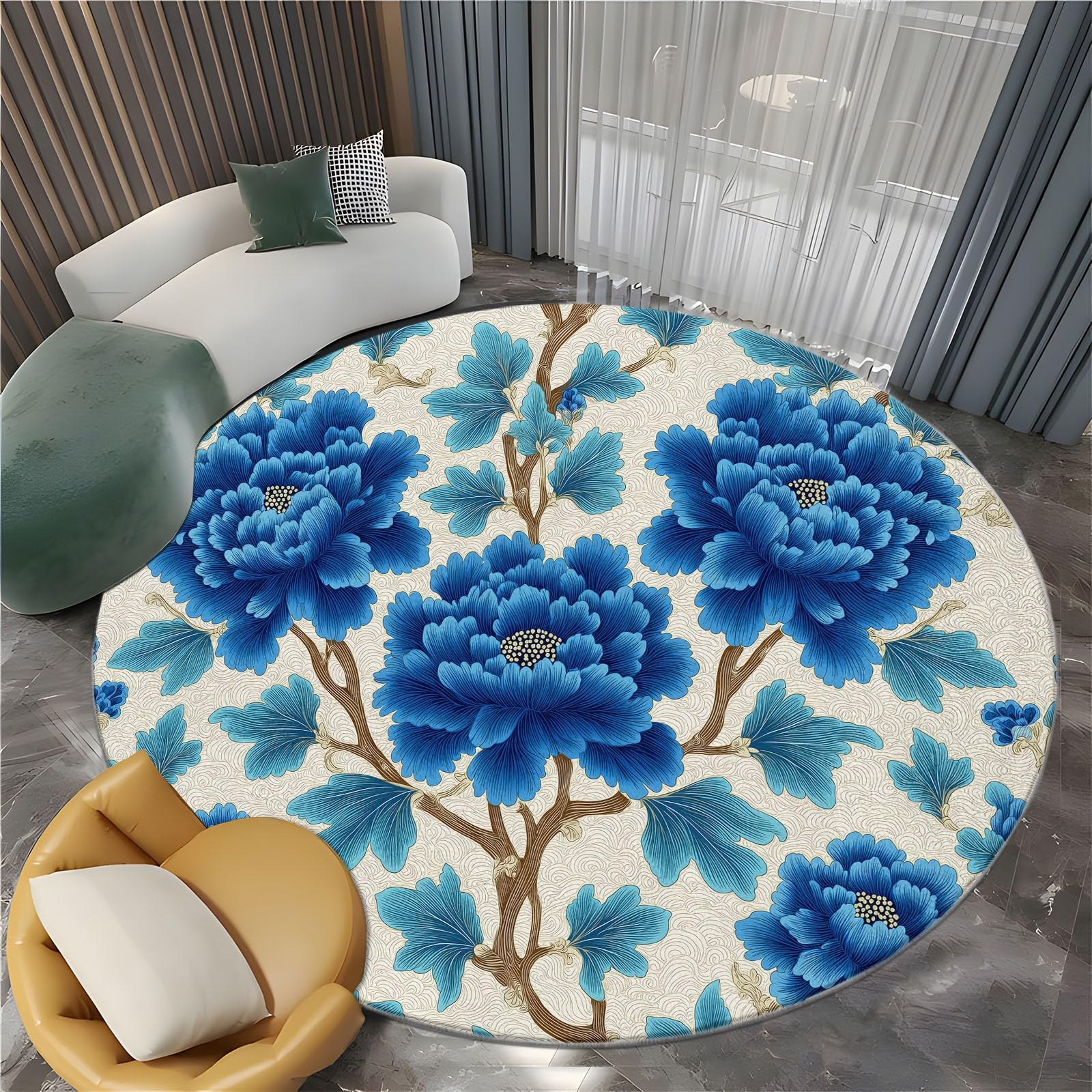 Rund Teppich 100 cm Retro-Pflanzen Pfingstrosenblüten Rutschfest Teppiche, Beige Plüsch Flauschig Weich Waschbar Runder Teppich Wohnzimmer Schlafzimmer Dekorative Küche Fußmatte Haustierteppich