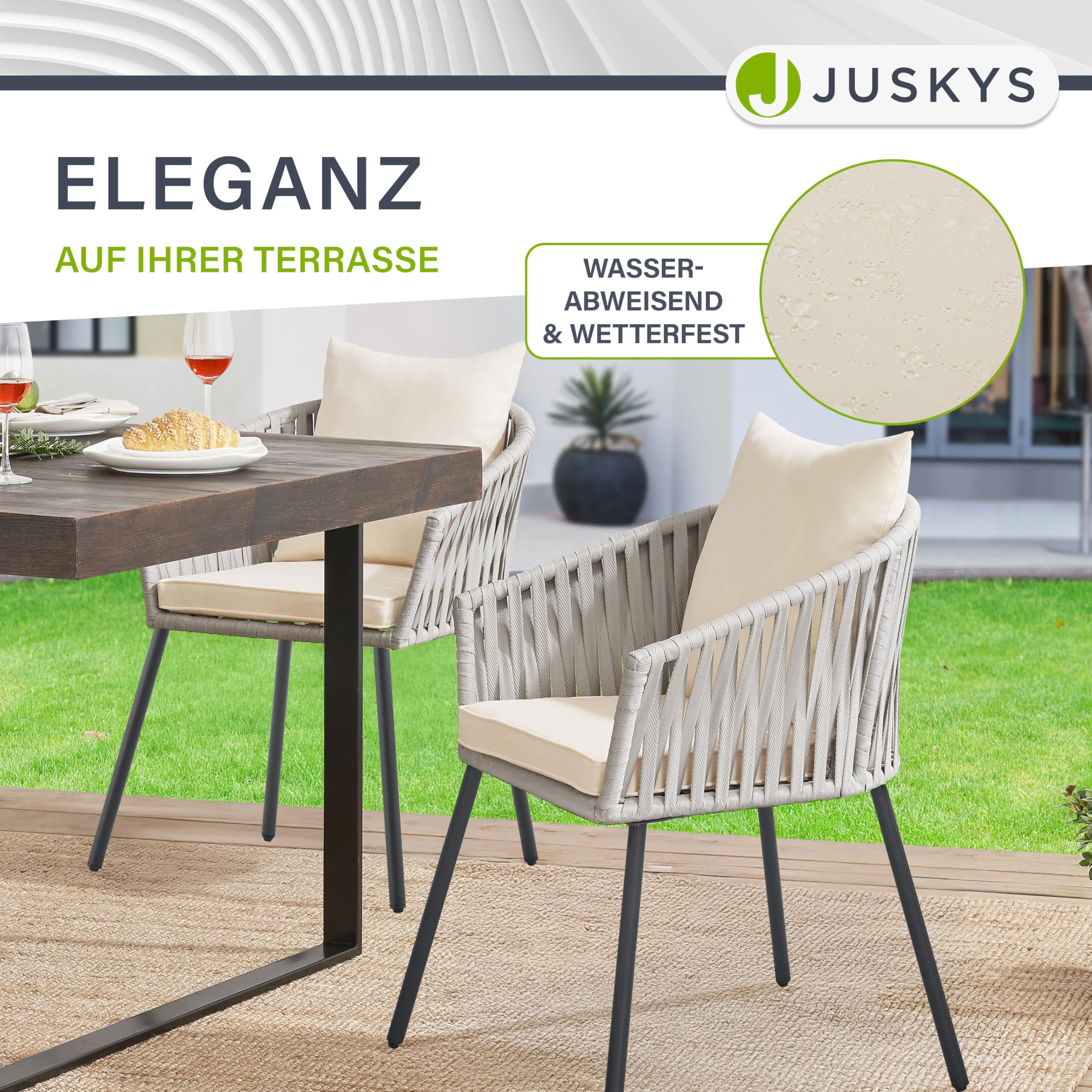 Juskys Rope Gartenstühle 2er Set wetterfest - bis 160 kg belastbar - Sitz- & Rückenkissen aus Polyester - 2 Stühle aus Stahl & Polypropylen für Garten, Terrasse & Balkon - Hellgrau