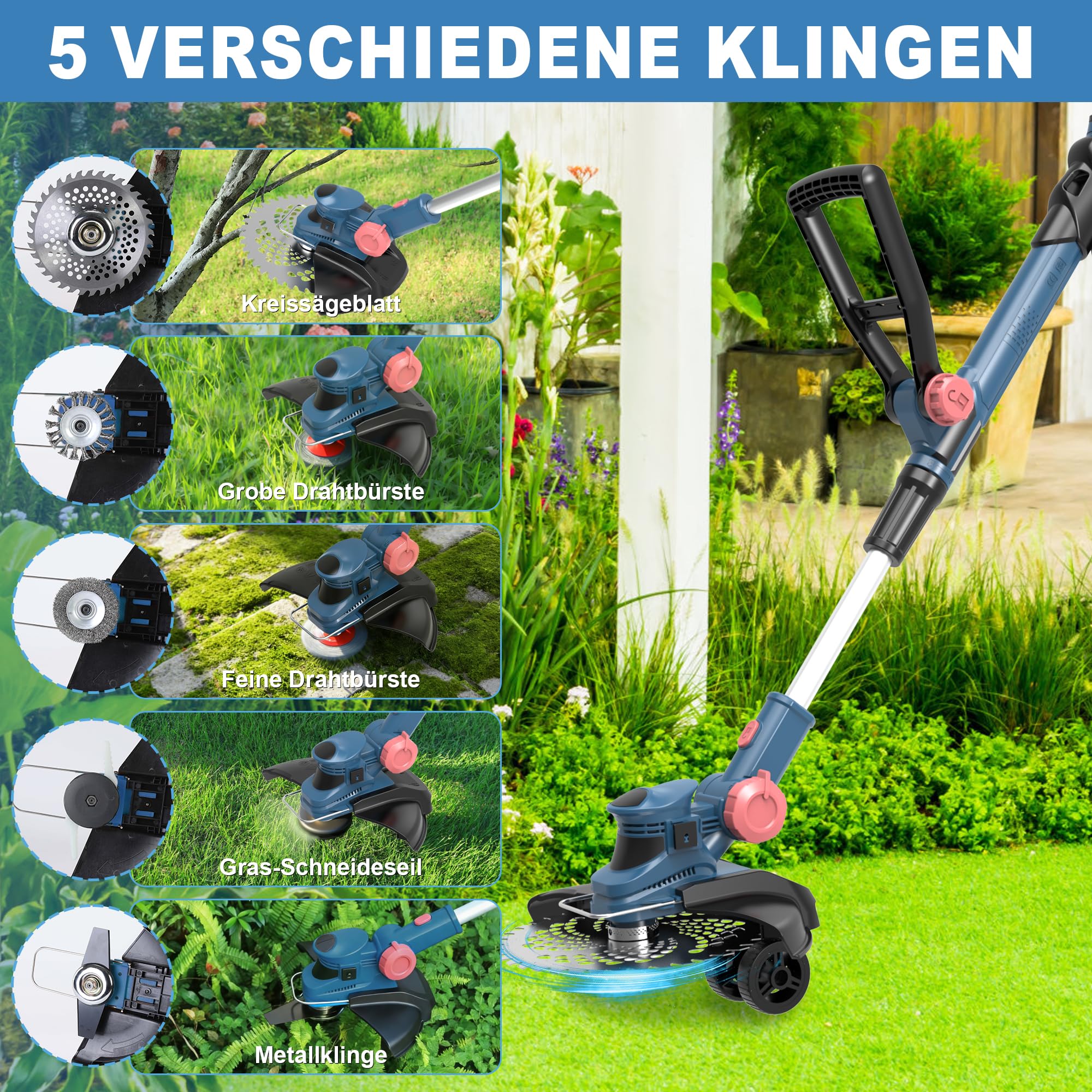 Rasentrimmer mit 21V,freischneider mit unkrautbürste,Freischneider akku | 6 Klingentypen,inkl 2×4.0Ah Akku & Ladegerät,750W Bürstenloser 2-in-1 Motor-Light Blue