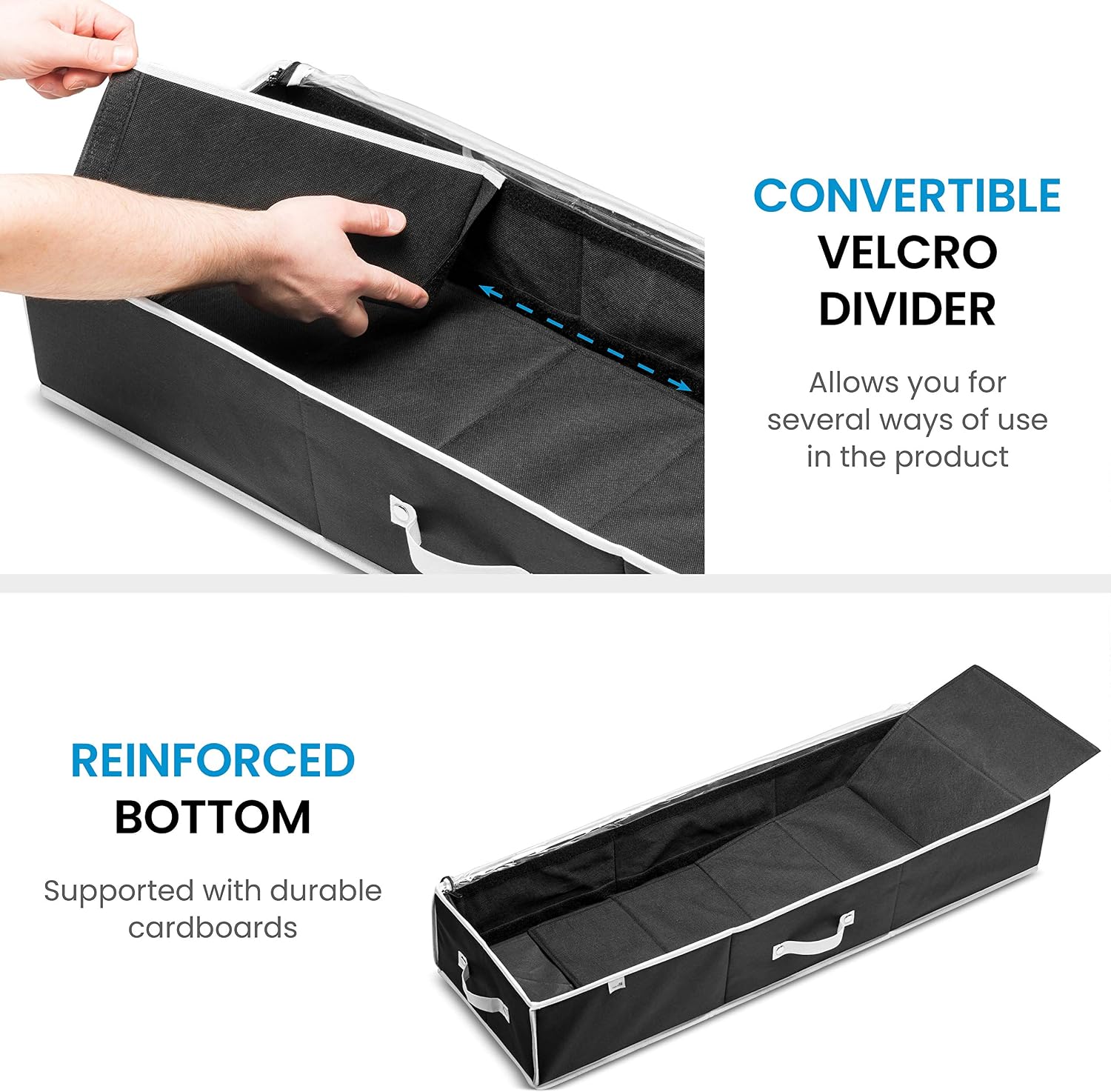 ZOBER Under Bed Shoe Storage Organizer (8 Pairs) Under Bed Storage for Shoes, Customizable Slots for Boots, Clothes Blanket/Comforter Underbed Shoe Storage Containers with Handles (Black)
