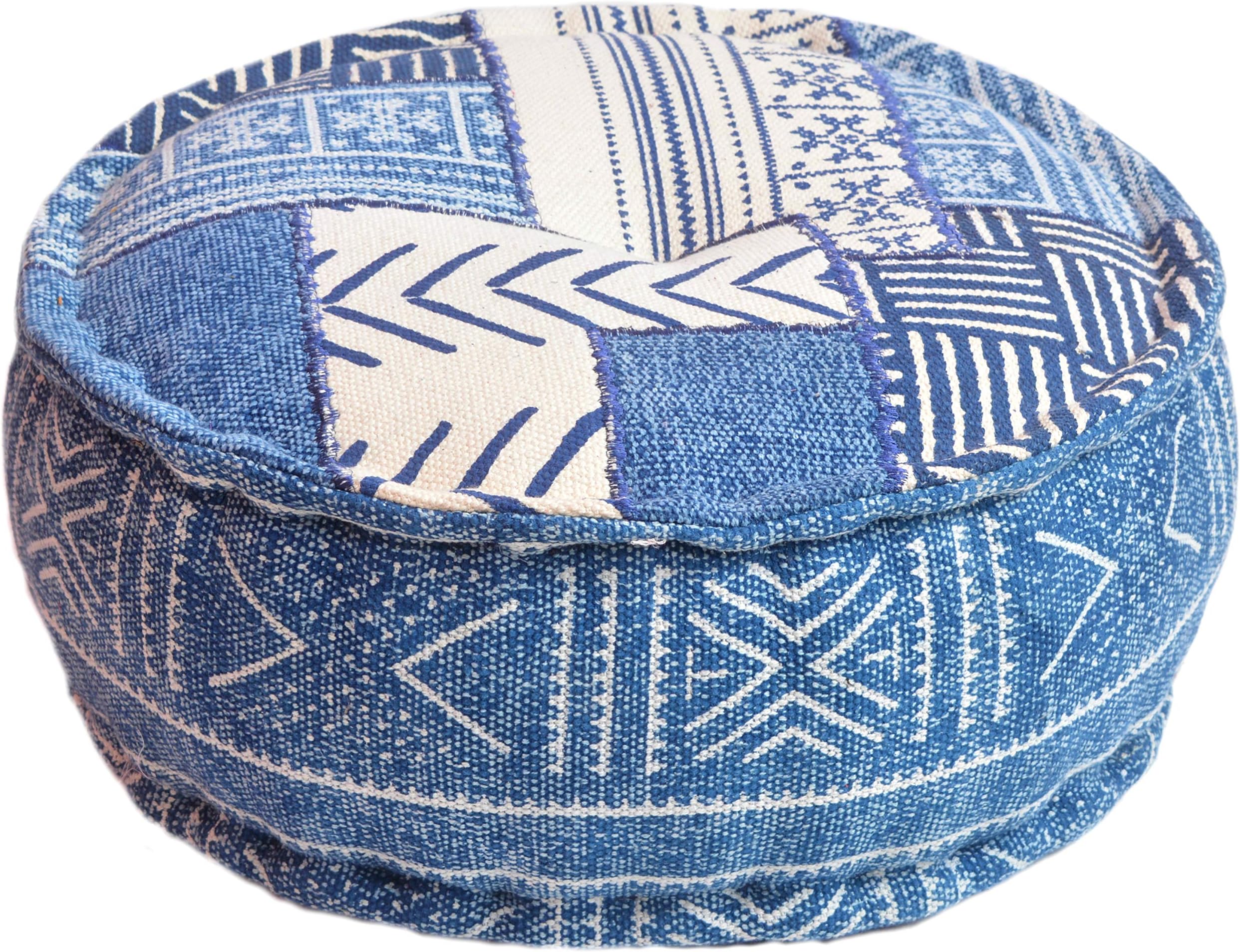 MARUDHARA Kilim Indigo MUD Cloth Patchwork Stuffed Pouf 20"X9", Round Pouf, Dhurrie Pouffe, Ottoman Extra Sitting, Floor Cushion, Foot Stool