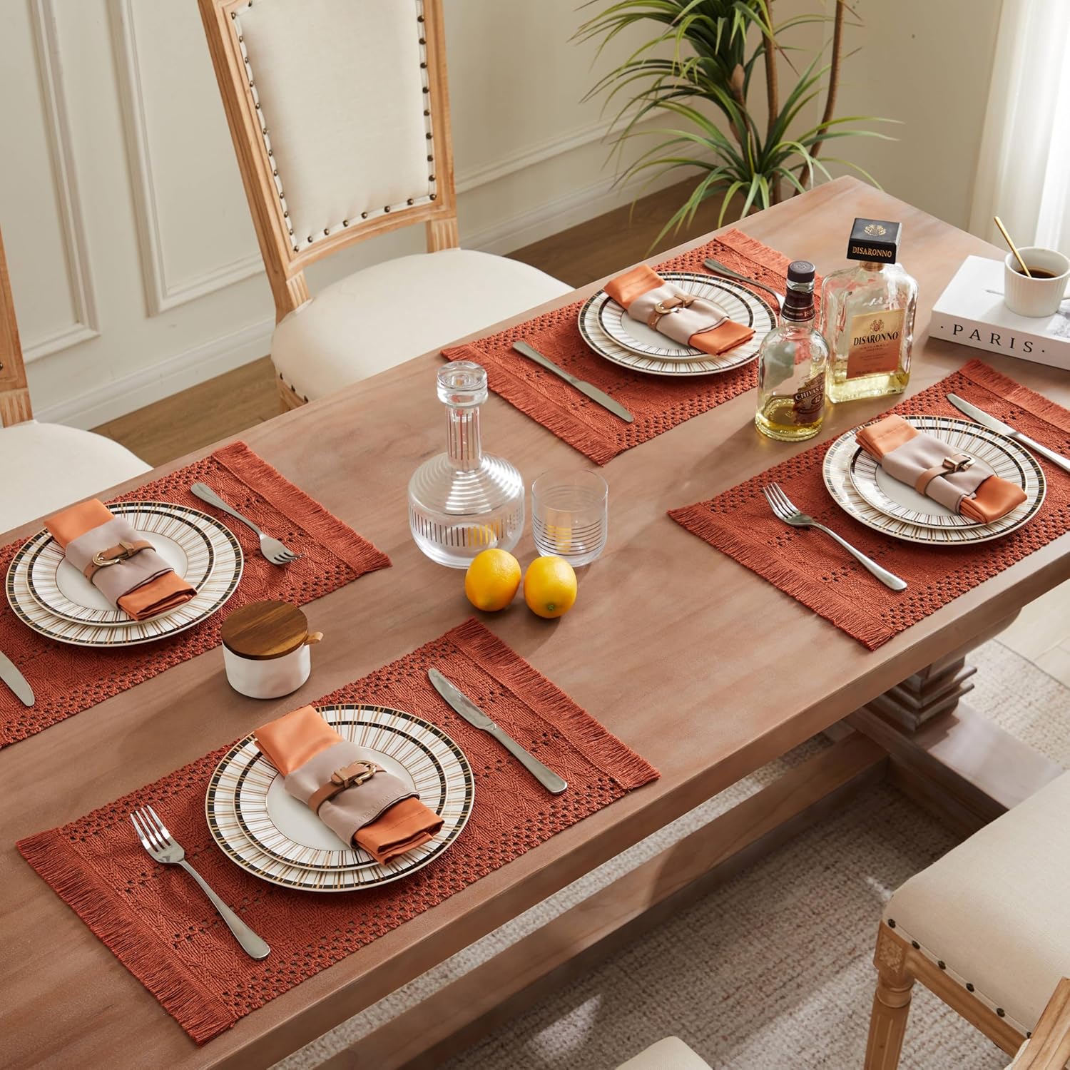 ZeeMart Macrame Style Boho Placemats Set of 6, Rust Decorative Natural Farmhouse Cotton Woven Place Mats Home Decor for Kitchen Dining Table