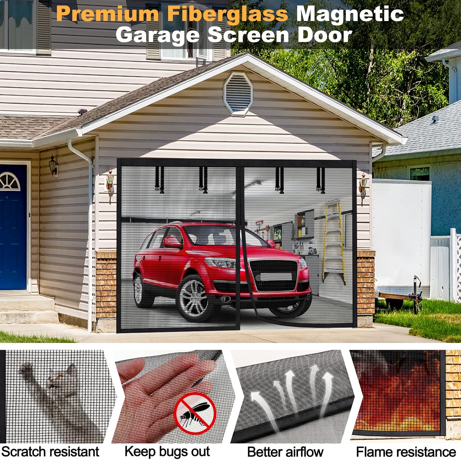 9x7Ft Magnetic Single Garage Door Screen Kit Bundle with 2 Pack Tool Pouches